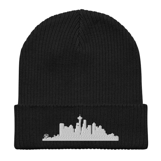 Seattle Edition Organic Ribbed Beanie in black with premium white embroidery | Our City | An Athlete Trains