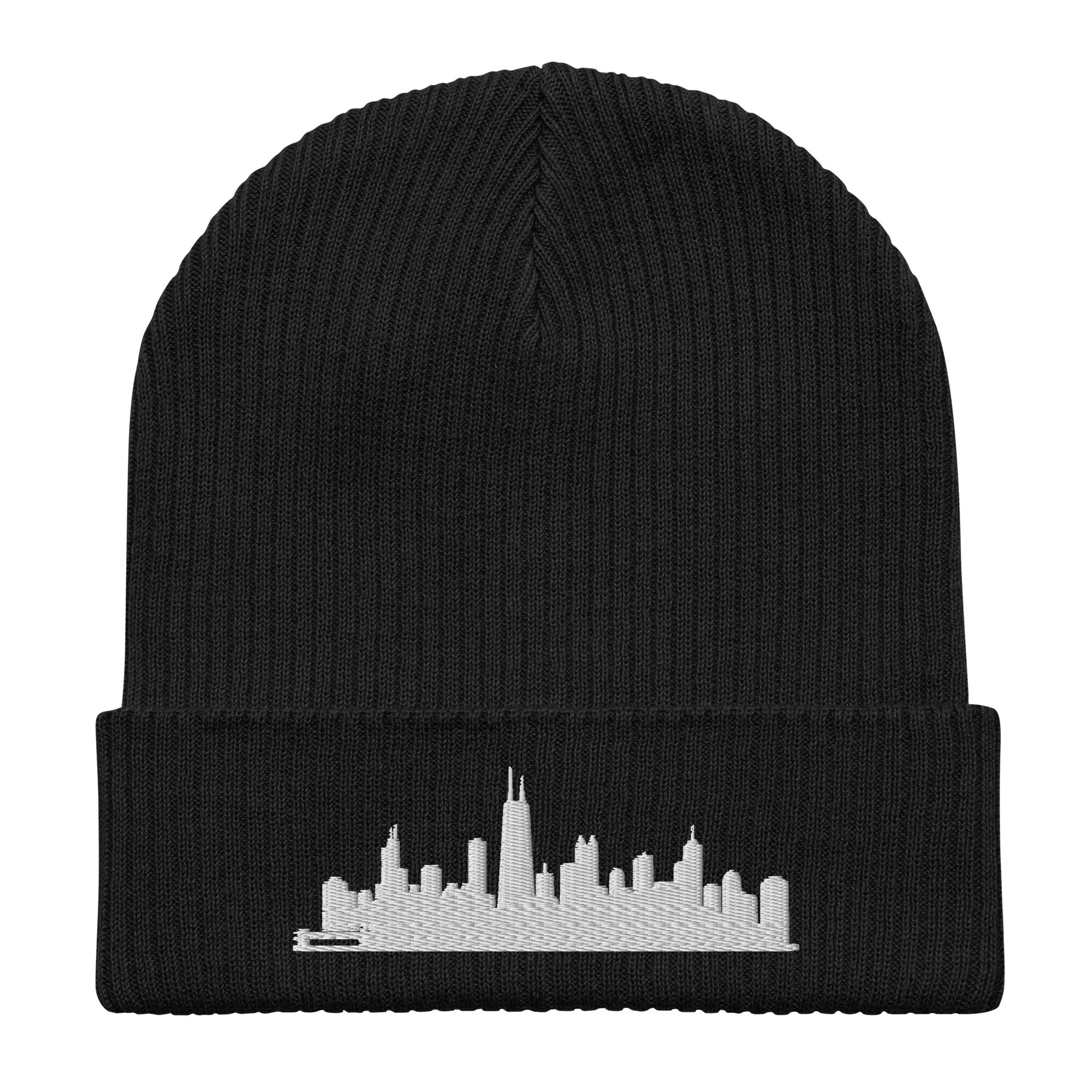 Chicago Edition Organic Ribbed Beanie in black with premium white embroidery | Our City | An Athlete Trains