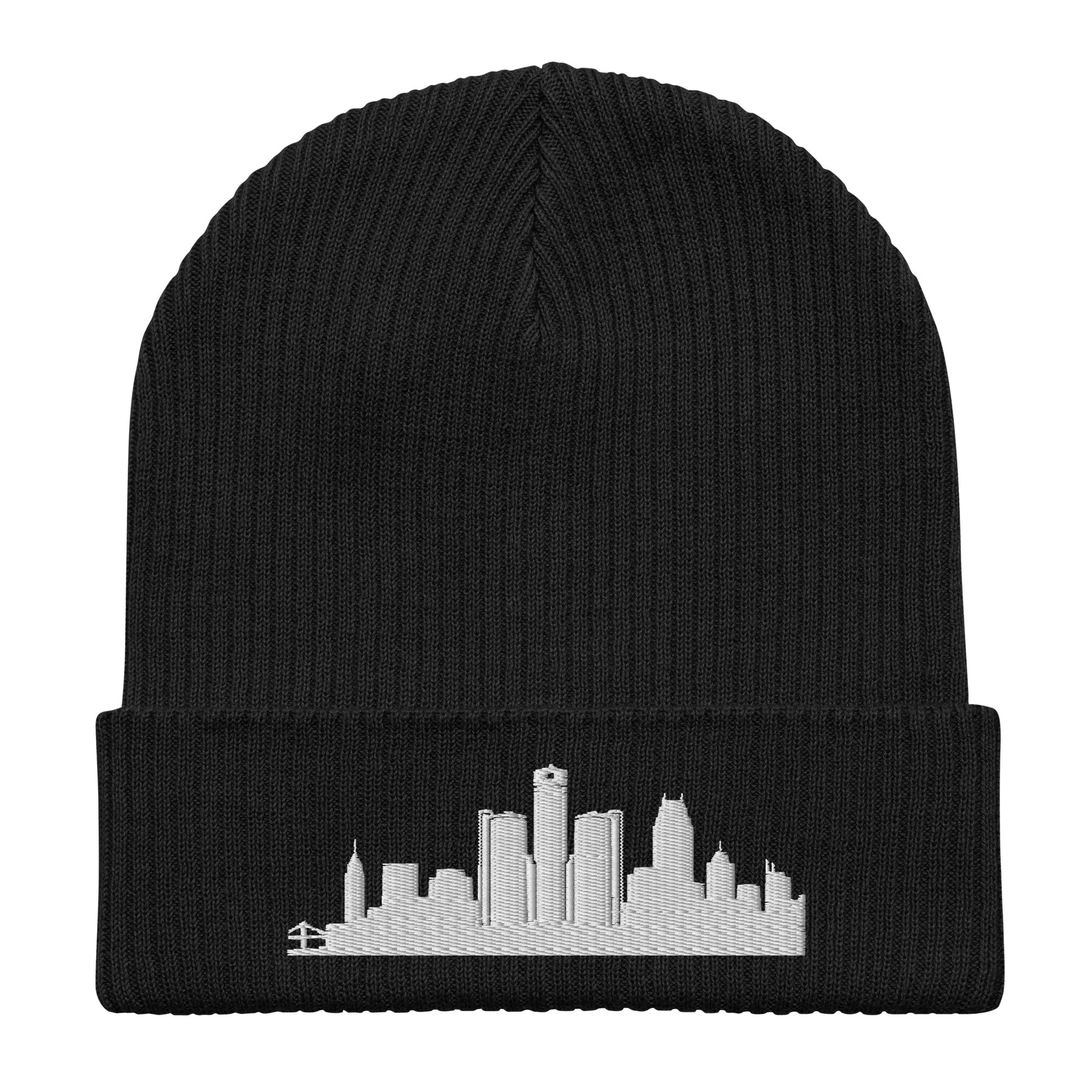 Detroit Edition Organic Ribbed Beanie in black with premium white embroidery | Our City | An Athlete Trains