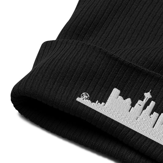 Seattle Edition Organic Ribbed Beanie in black with premium white embroidery | Our City | An Athlete Trains