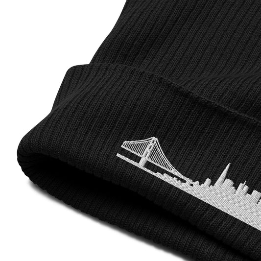 San Francisco Edition Organic Ribbed Beanie in black with premium white embroidery | Our City | An Athlete Trains