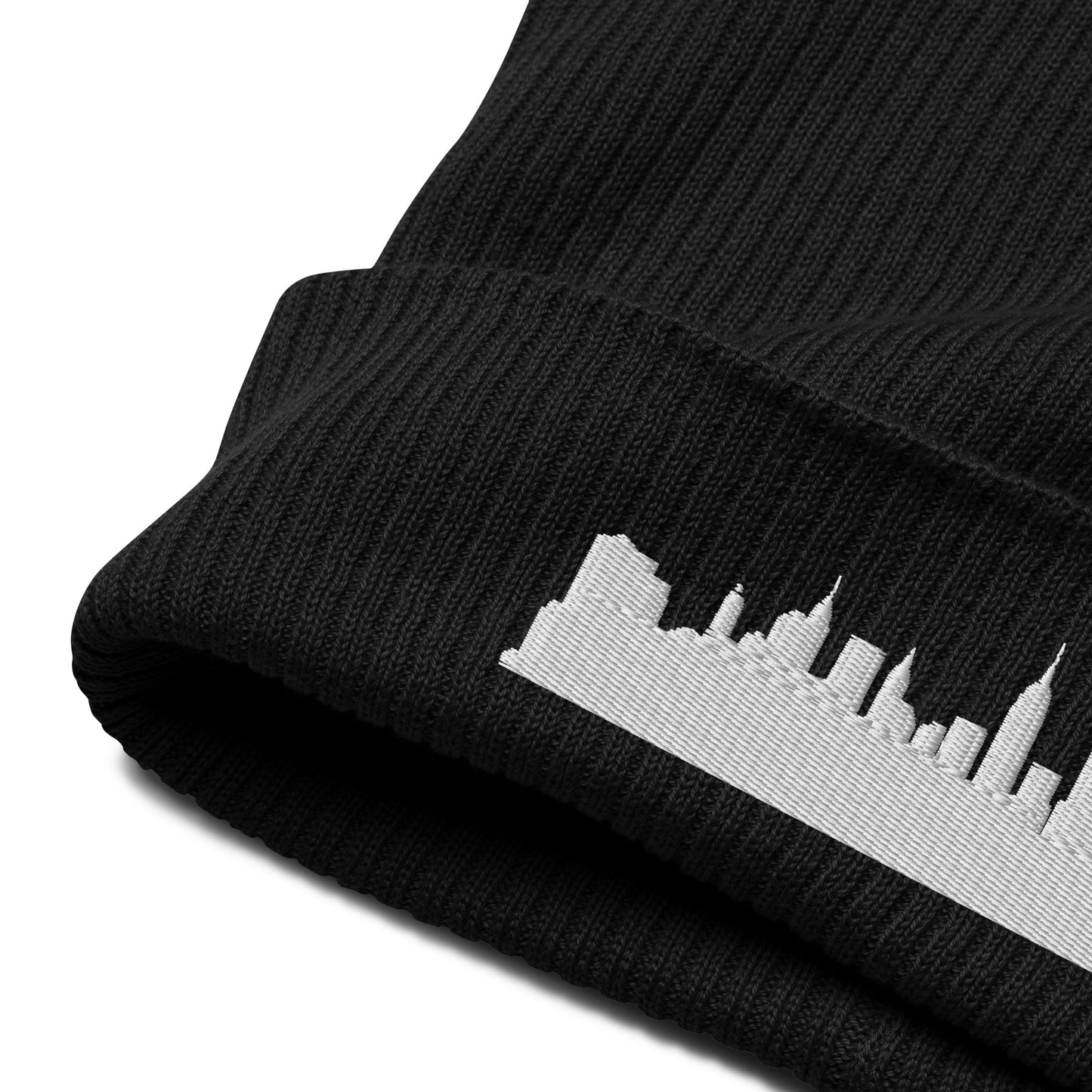 New York Edition Organic Ribbed Beanie in black with premium white embroidery | Our City | An Athlete Trains
