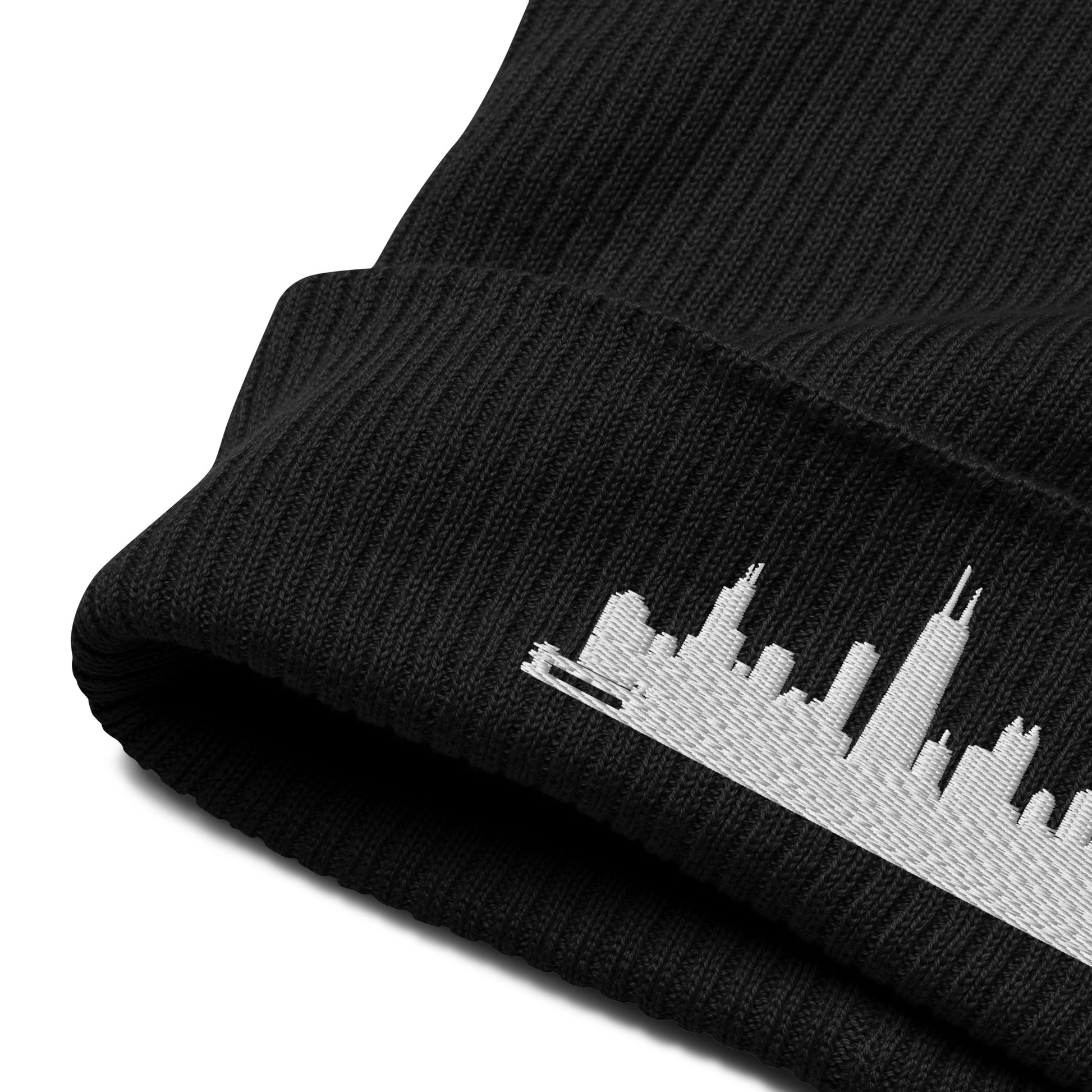 Chicago Edition Organic Ribbed Beanie in black with premium white embroidery | Our City | An Athlete Trains