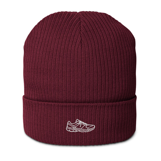 Running Edition organic ribbed beanie in burgundy made from 100% natural cotton — Our Game collection by An Athlete Trains