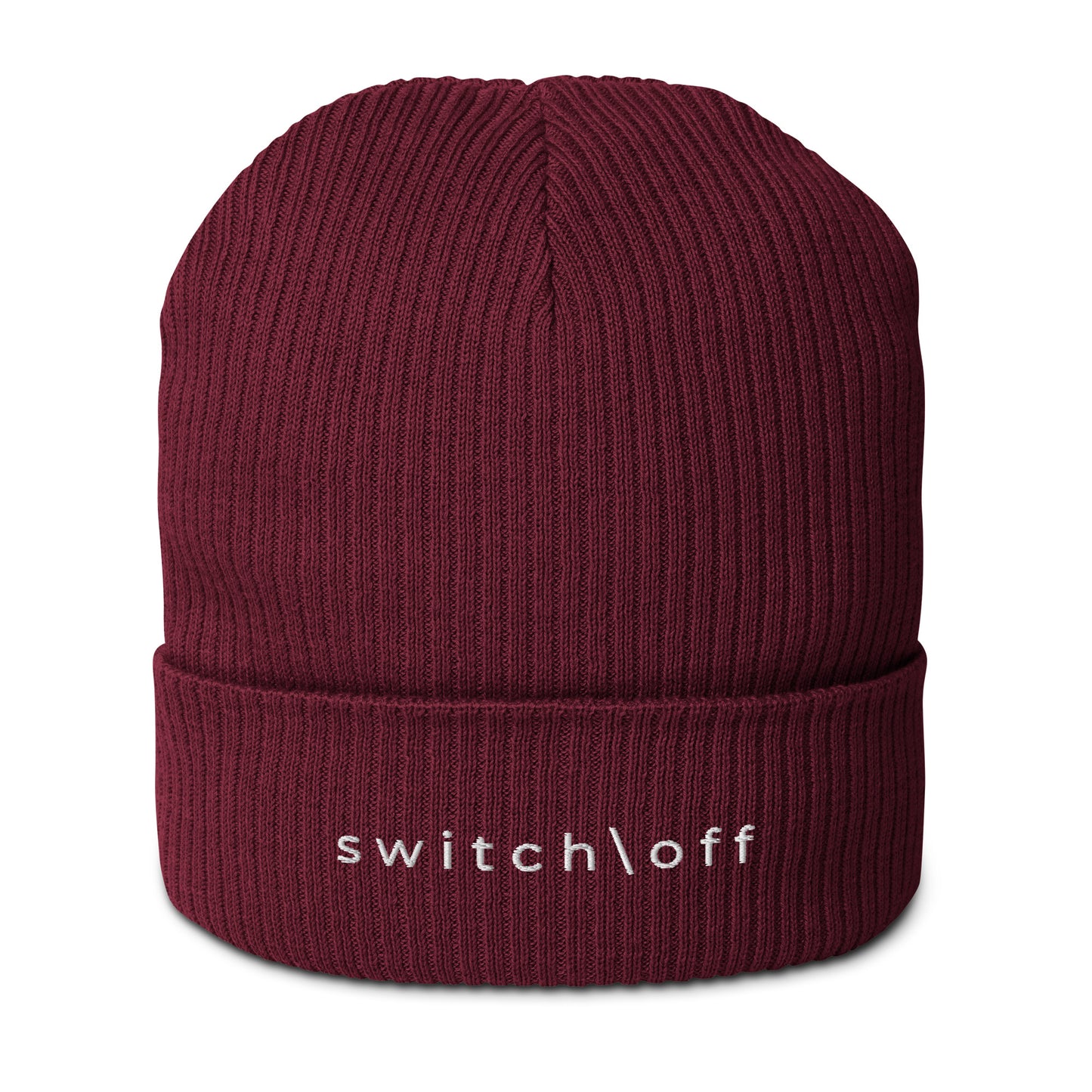 Organic cuffed ribbed beanie in burgundy with white switch\off embroidery - An Athlete Trains recovery gear.