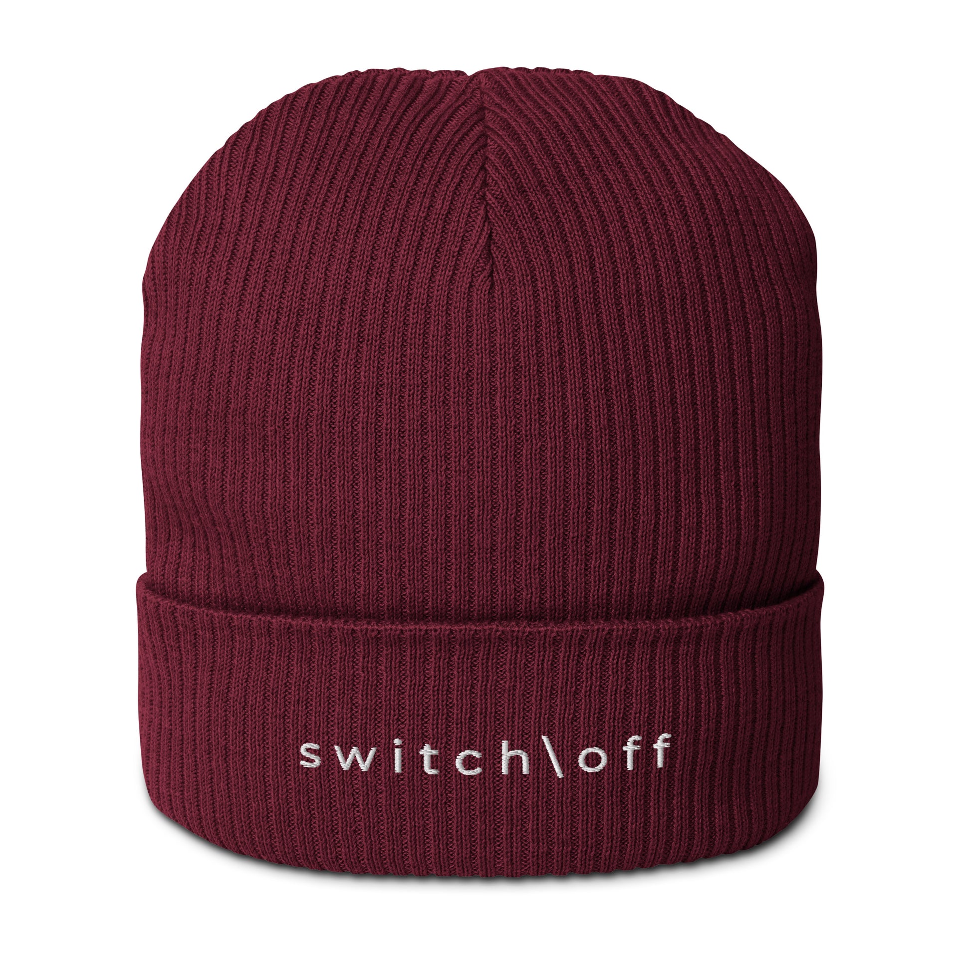 Organic cuffed ribbed beanie in burgundy with white switch\off embroidery - An Athlete Trains recovery gear.