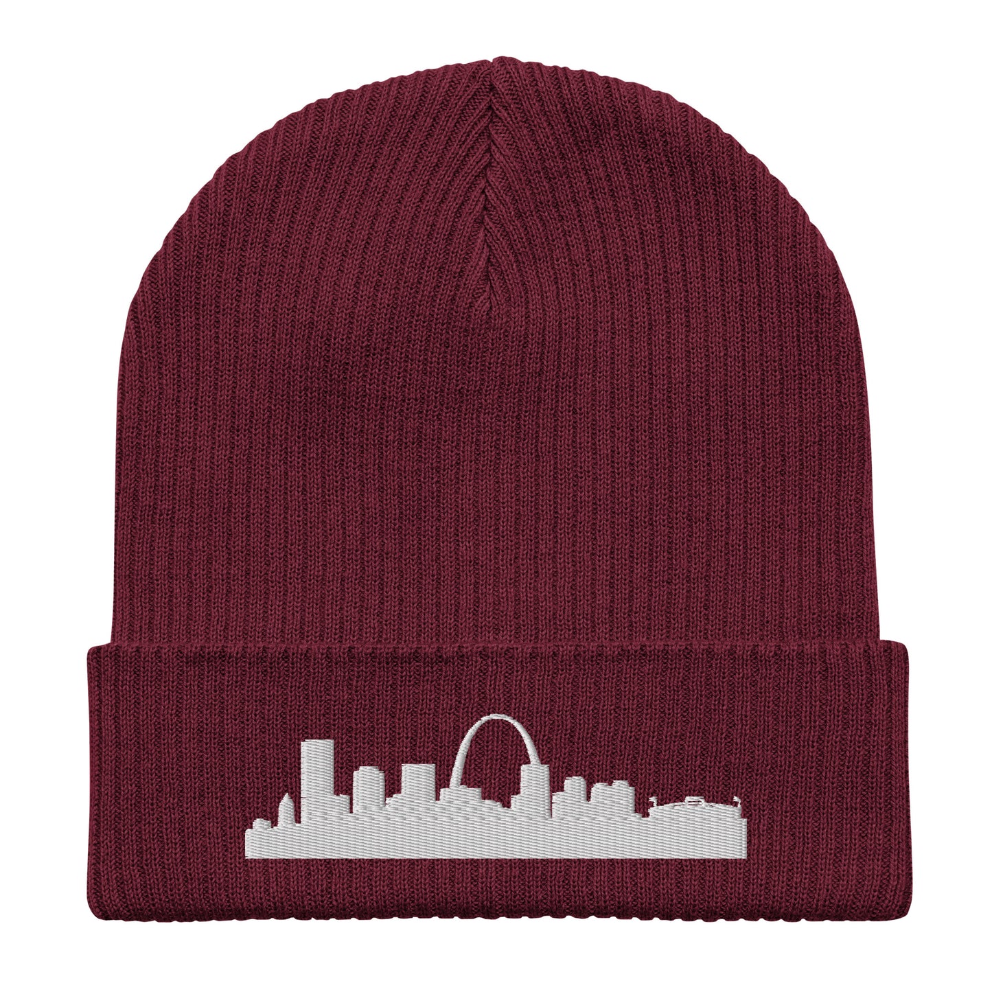 St. Louis Edition Organic Ribbed Beanie in burgundy with premium white embroidery | Our City | An Athlete Trains