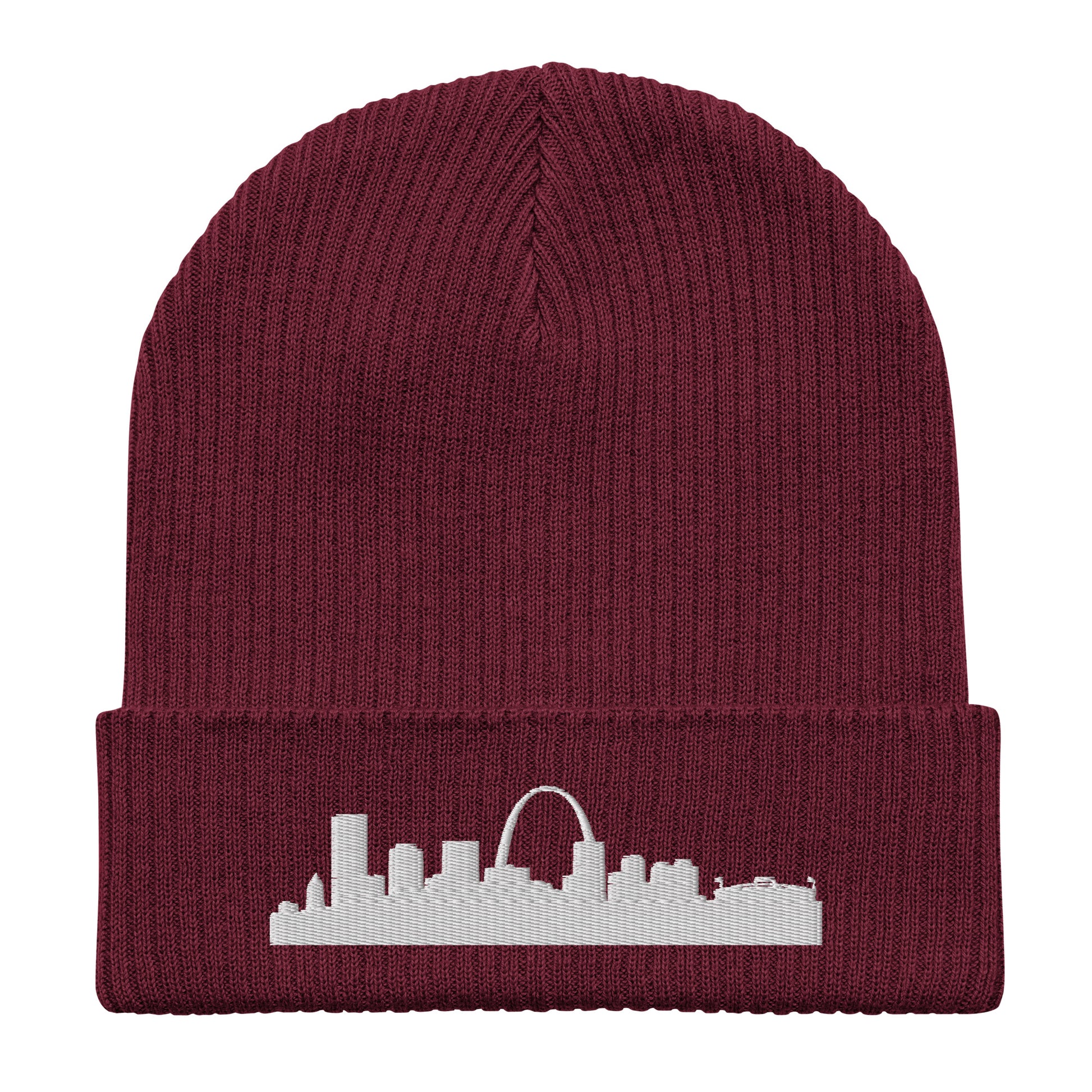 St. Louis Edition Organic Ribbed Beanie in burgundy with premium white embroidery | Our City | An Athlete Trains