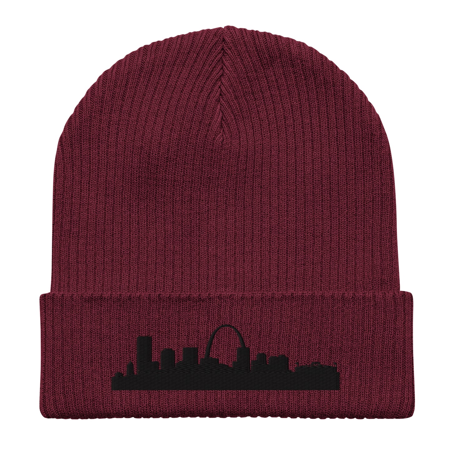 St. Louis Edition Organic Ribbed Beanie in burgundy with premium black embroidery | Our City | An Athlete Trains