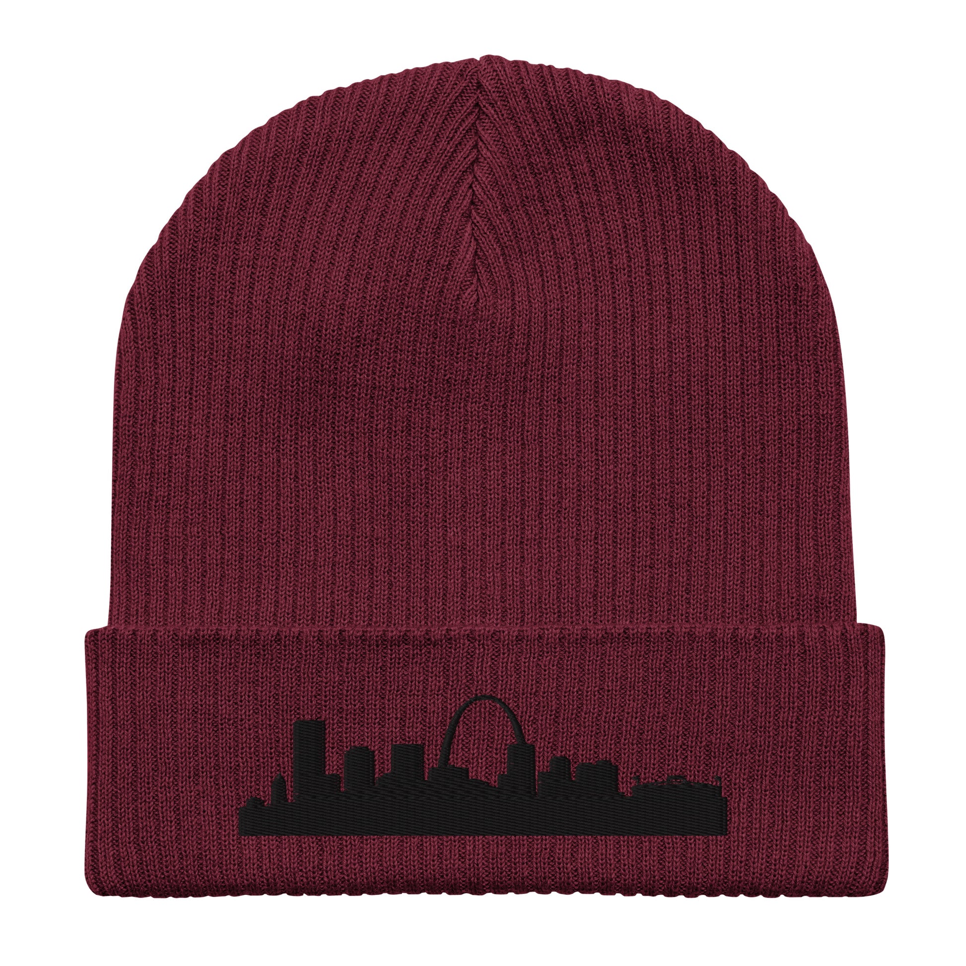 St. Louis Edition Organic Ribbed Beanie in burgundy with premium black embroidery | Our City | An Athlete Trains