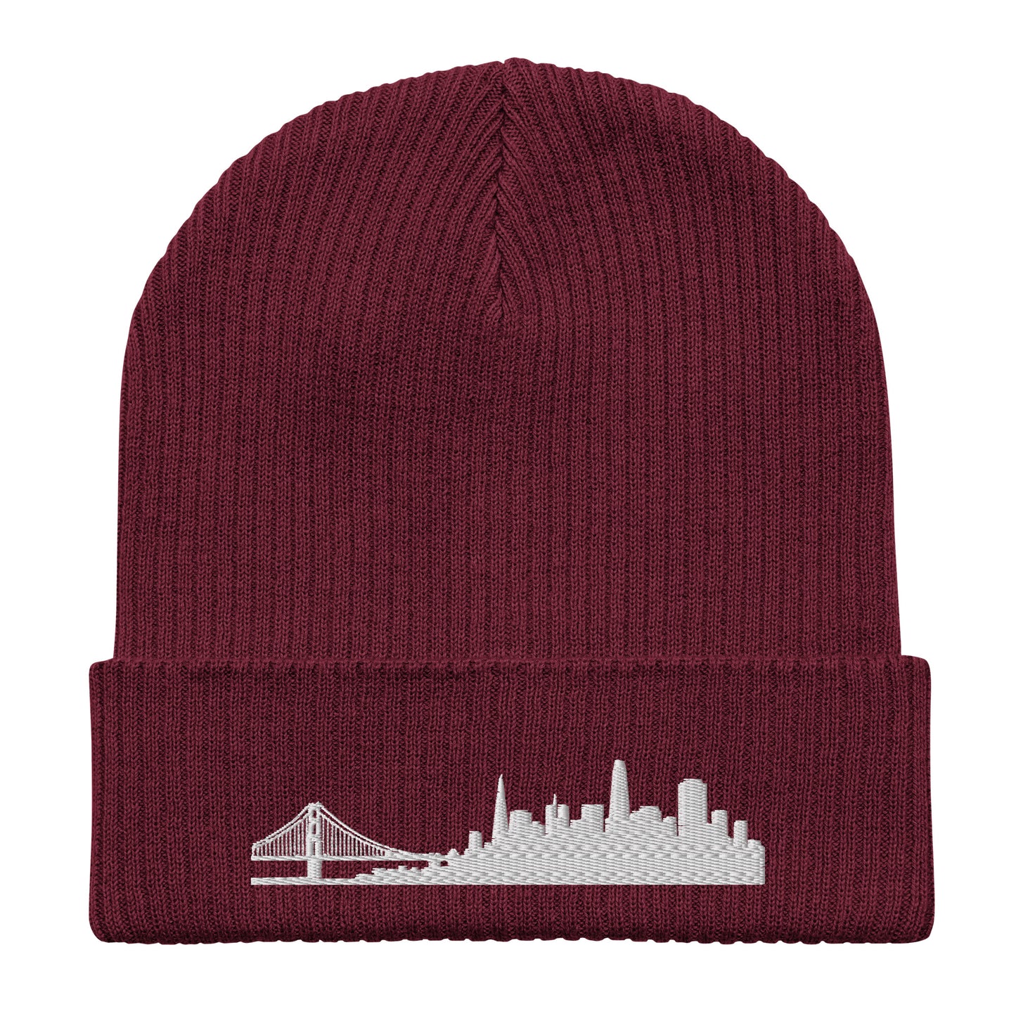 San Francisco Edition Organic Ribbed Beanie in burgundy with premium white embroidery | Our City | An Athlete Trains