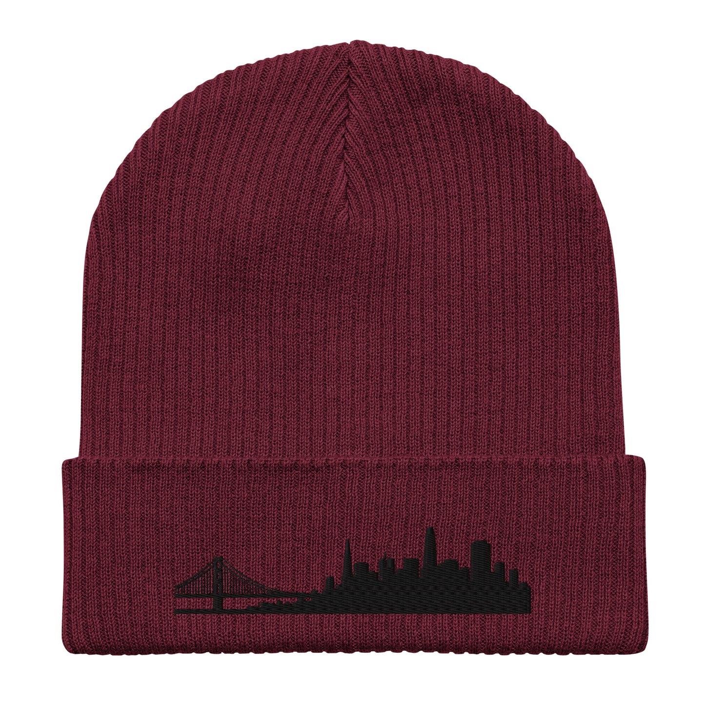 San Francisco Edition Organic Ribbed Beanie in burgundy with premium black embroidery | Our City | An Athlete Trains