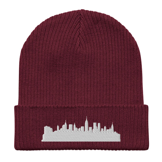 New York Edition Organic Ribbed Beanie in burgundy with premium white embroidery | Our City | An Athlete Trains
