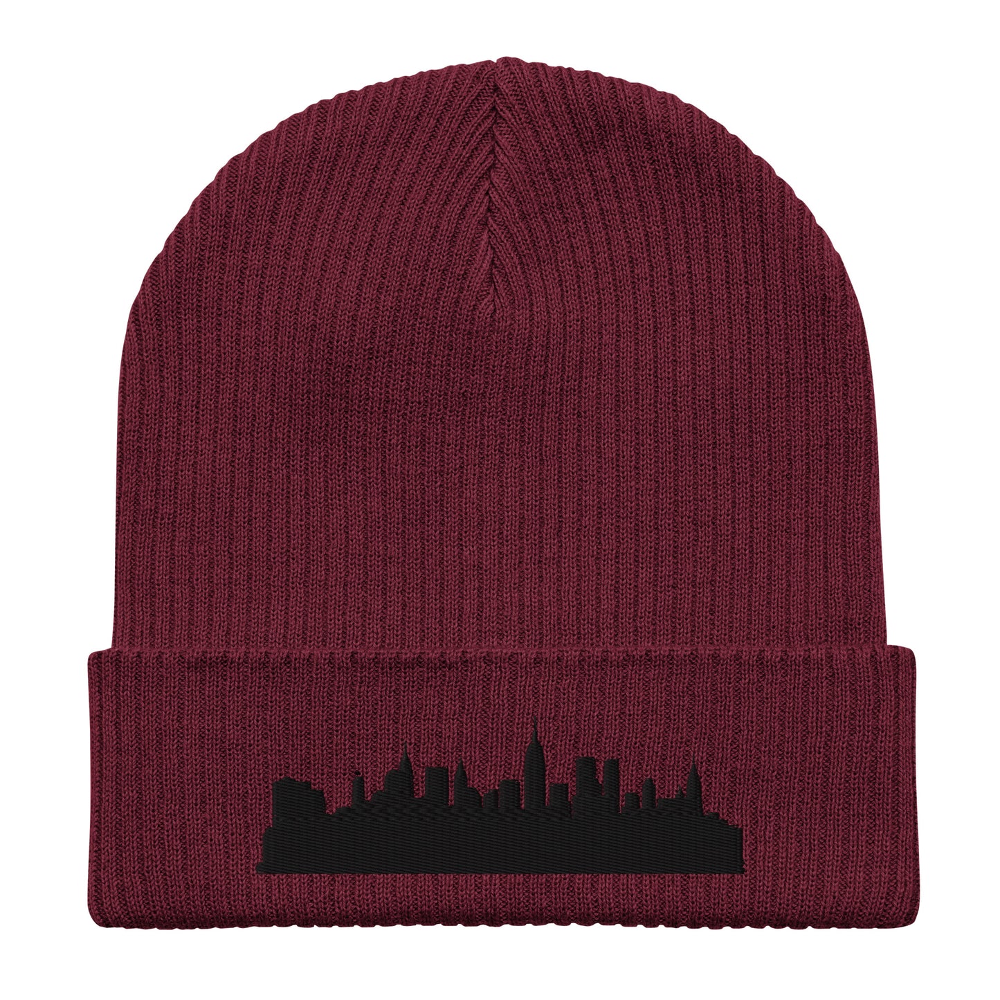 New York Edition Organic Ribbed Beanie in burgundy with premium black embroidery | Our City | An Athlete Trains