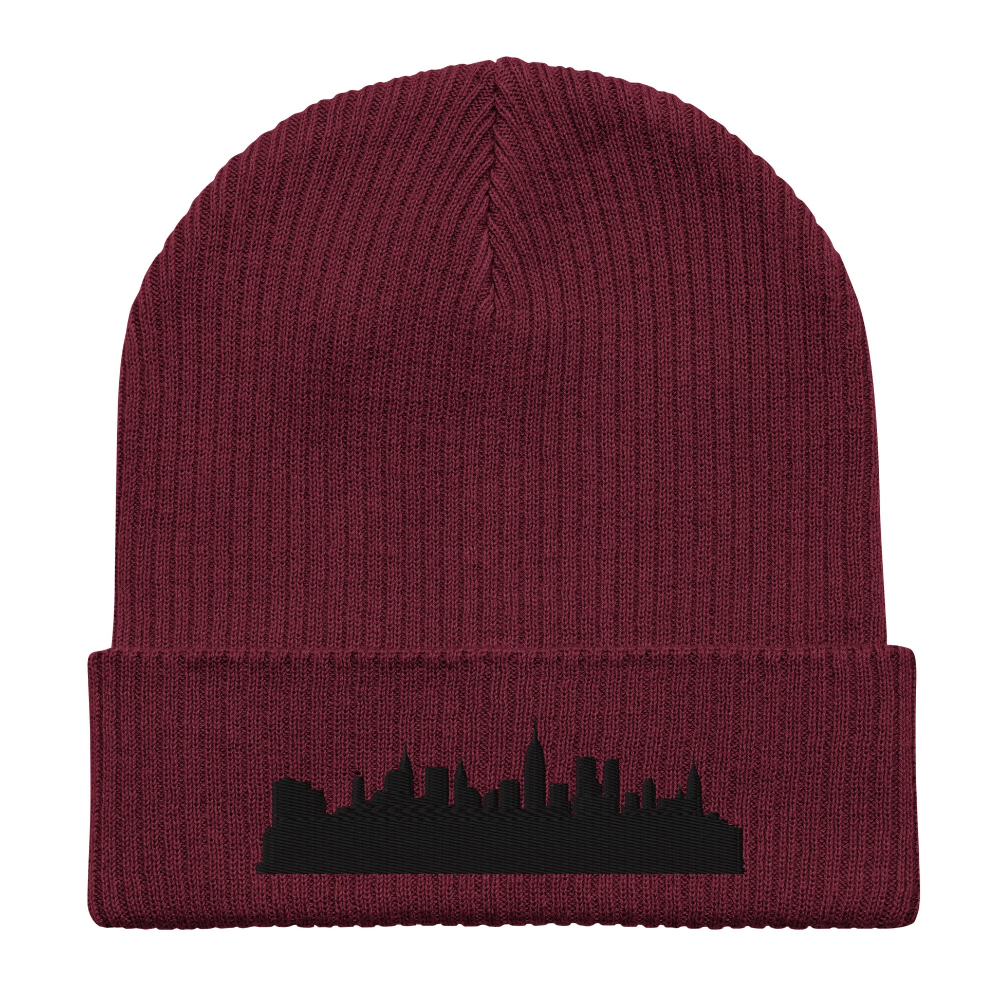 New York Edition Organic Ribbed Beanie in burgundy with premium black embroidery | Our City | An Athlete Trains