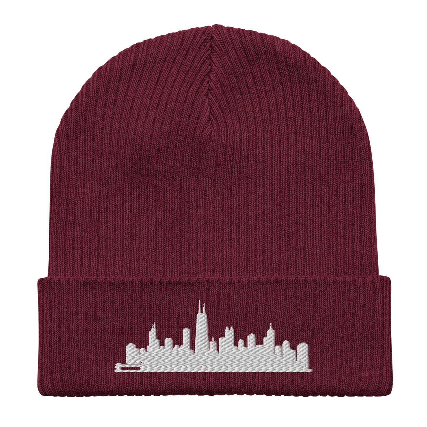 Chicago Edition Organic Ribbed Beanie in burgundy with premium white embroidery | Our City | An Athlete Trains