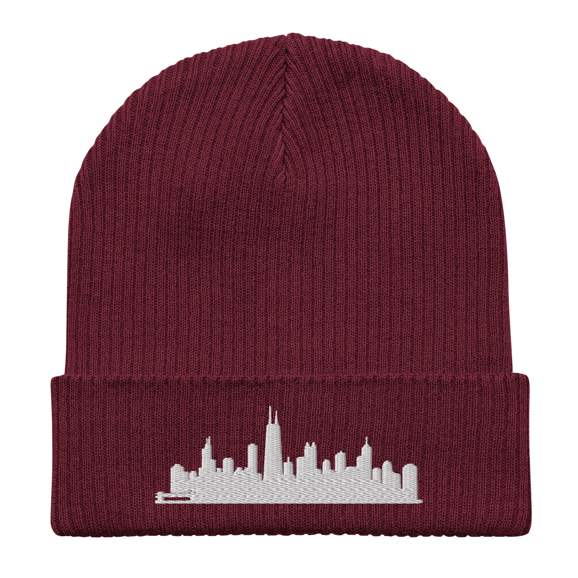 Chicago Edition Organic Ribbed Beanie in burgundy with premium white embroidery | Our City | An Athlete Trains