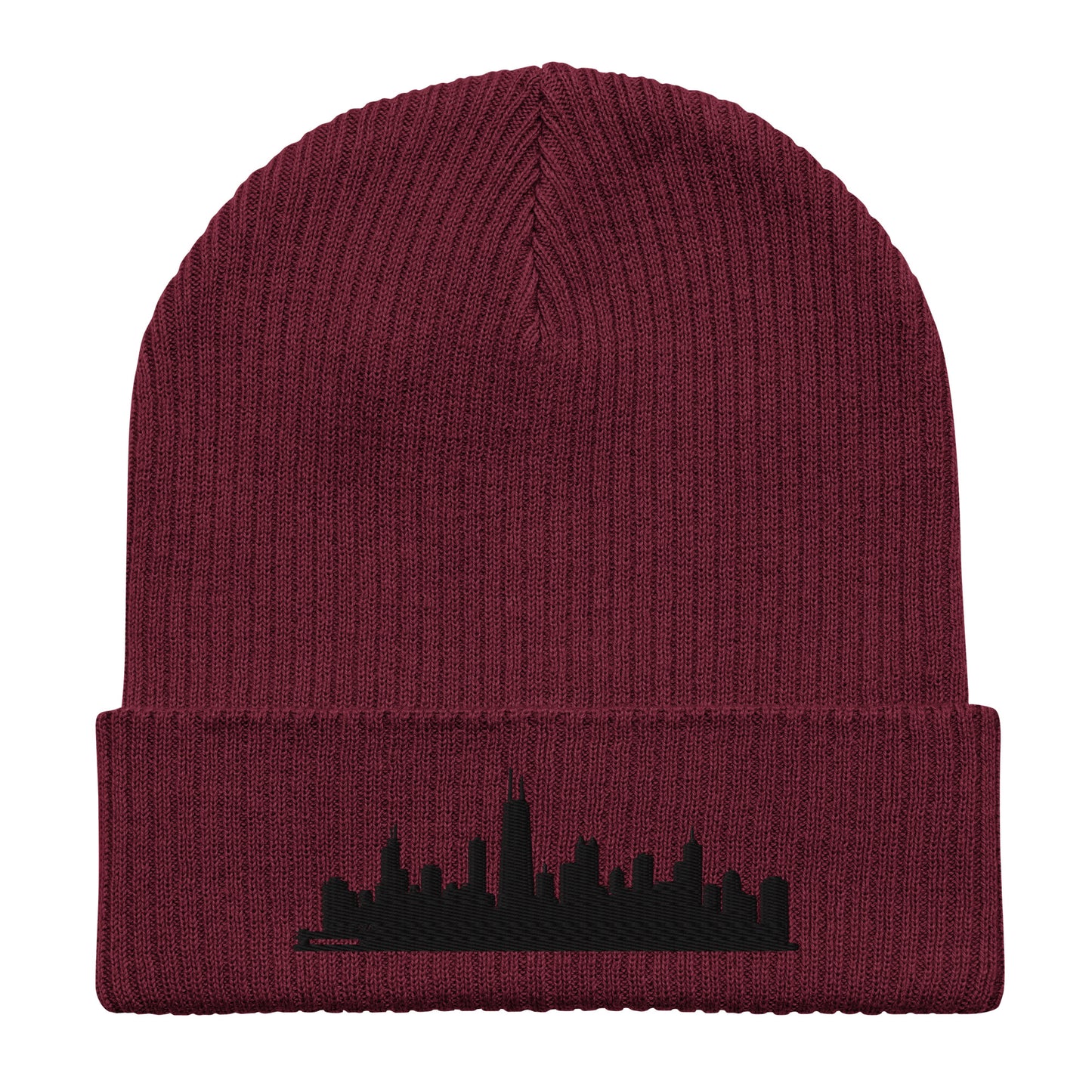 Chicago Edition Organic Ribbed Beanie in burgundy with premium black embroidery | Our City | An Athlete Trains
