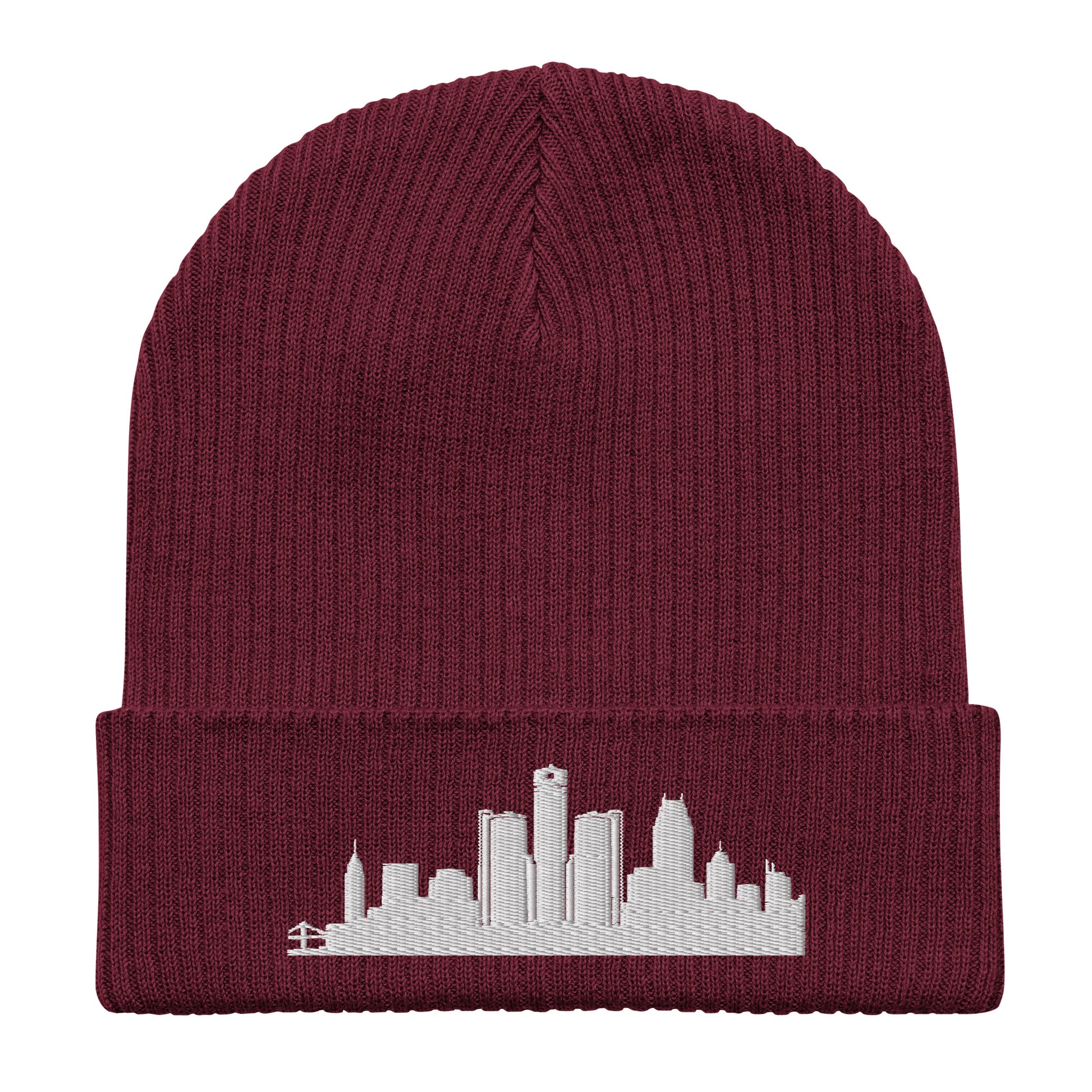 Detroit Edition Organic Ribbed Beanie in burgundy with premium white embroidery | Our City | An Athlete Trains