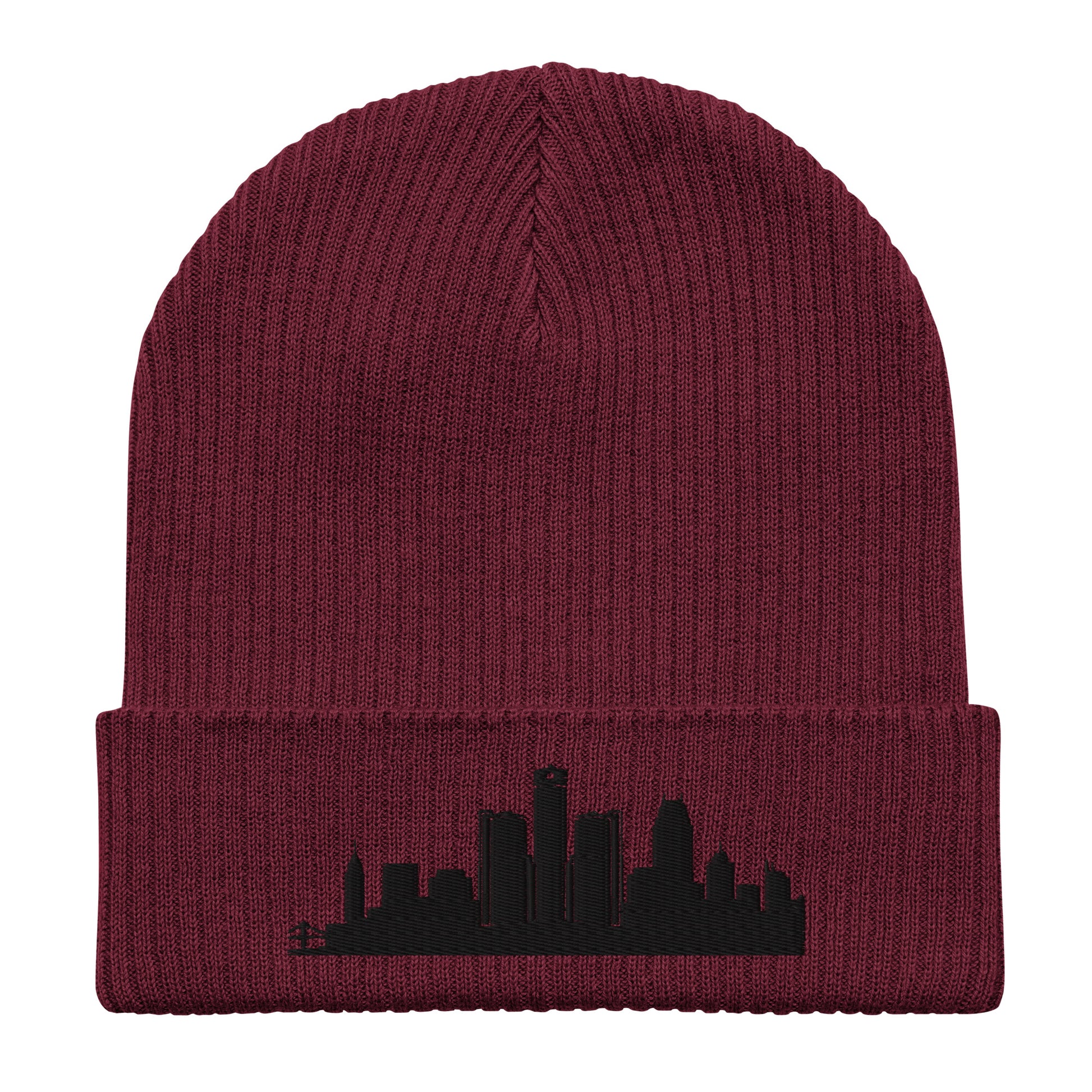 Detroit Edition Organic Ribbed Beanie in burgundy with premium black embroidery | Our City | An Athlete Trains