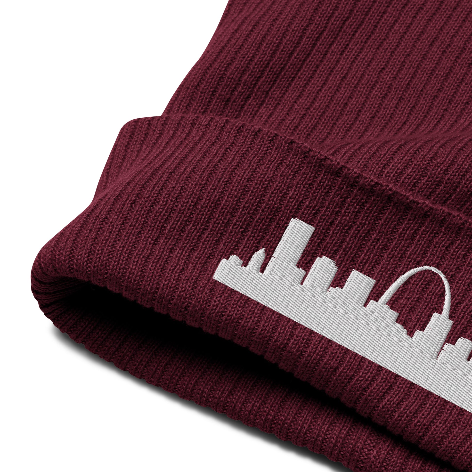 St. Louis Edition Organic Ribbed Beanie in burgundy with premium white embroidery | Our City | An Athlete Trains