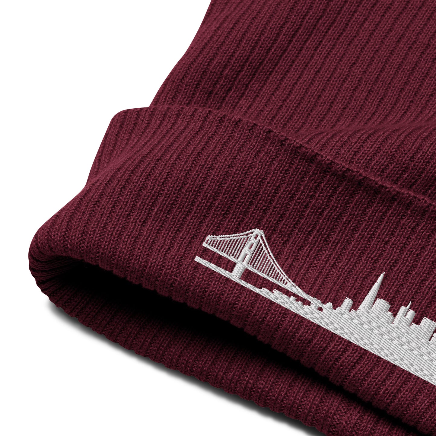 San Francisco Edition Organic Ribbed Beanie in burgundy with premium white embroidery | Our City | An Athlete Trains
