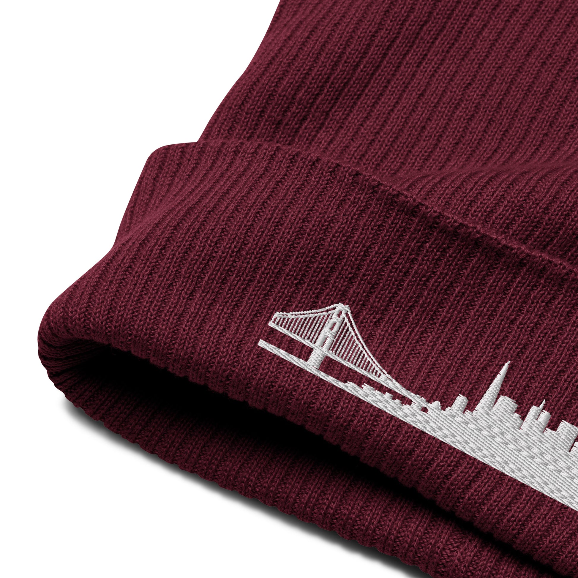 San Francisco Edition Organic Ribbed Beanie in burgundy with premium white embroidery | Our City | An Athlete Trains