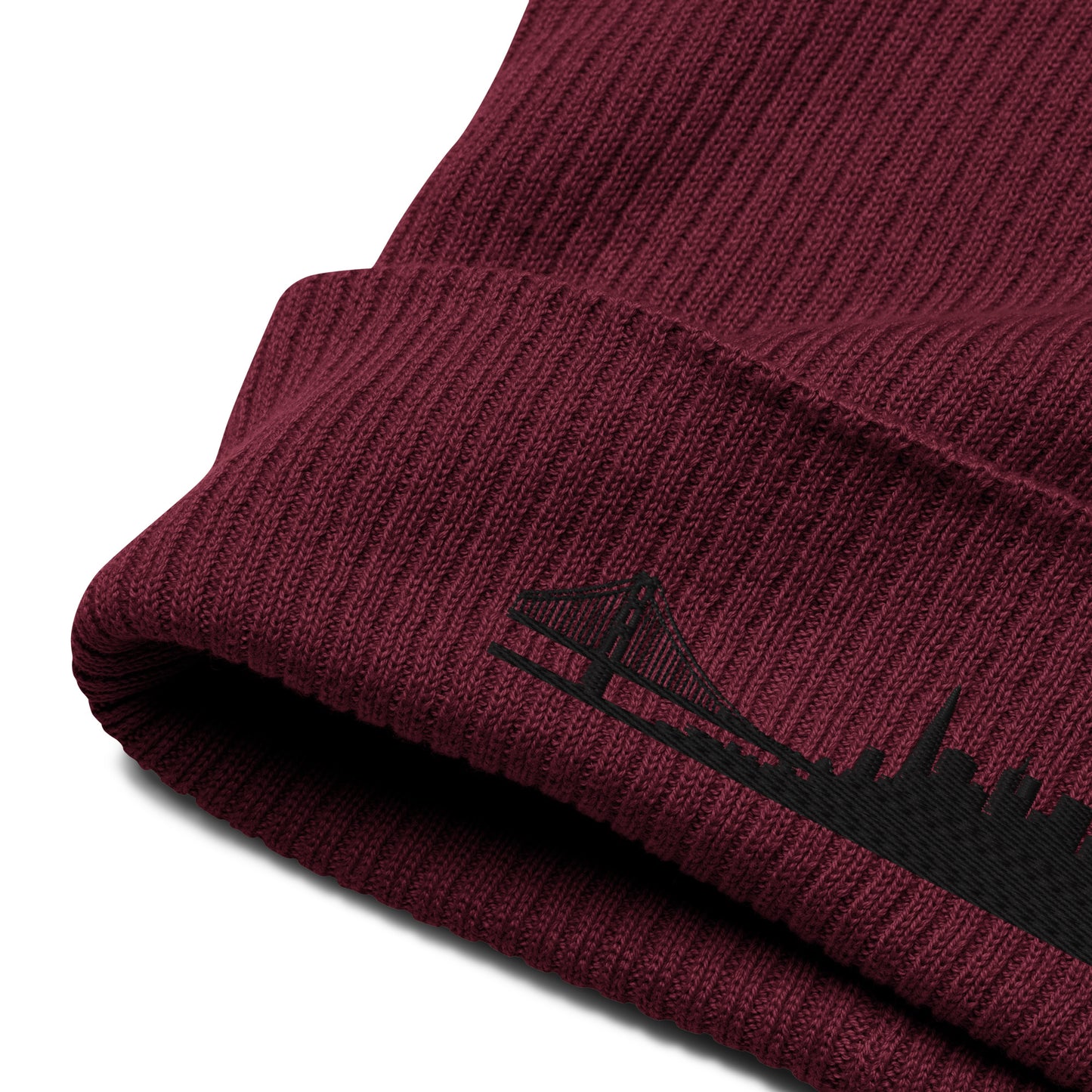 San Francisco Edition Organic Ribbed Beanie in burgundy with premium black embroidery | Our City | An Athlete Trains