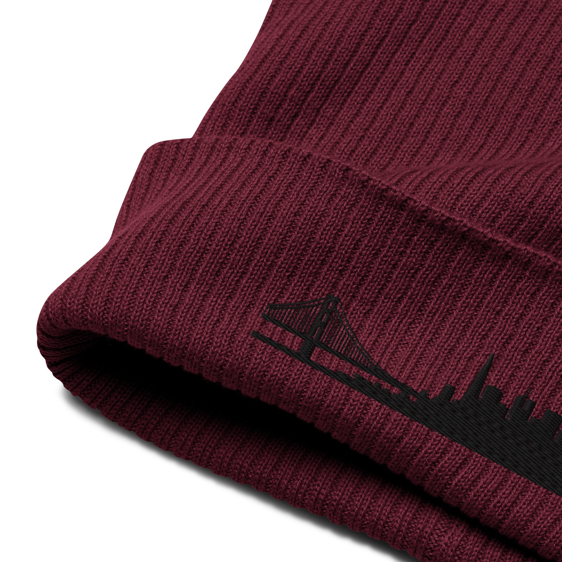 San Francisco Edition Organic Ribbed Beanie in burgundy with premium black embroidery | Our City | An Athlete Trains