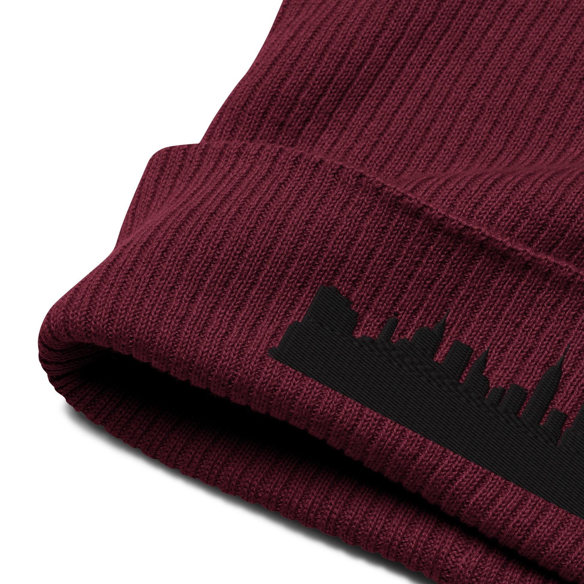 New York Edition Organic Ribbed Beanie in burgundy with premium black embroidery | Our City | An Athlete Trains
