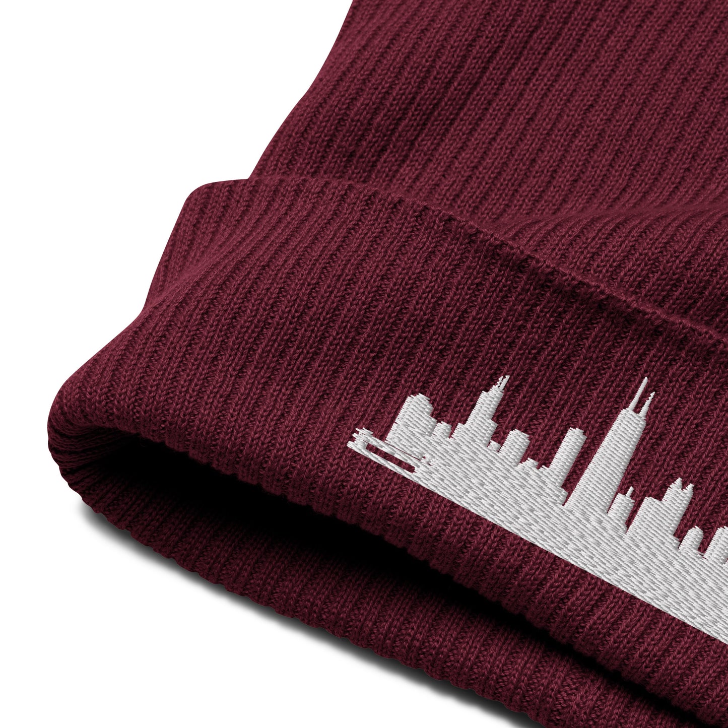 Chicago Edition Organic Ribbed Beanie in burgundy with premium white embroidery | Our City | An Athlete Trains