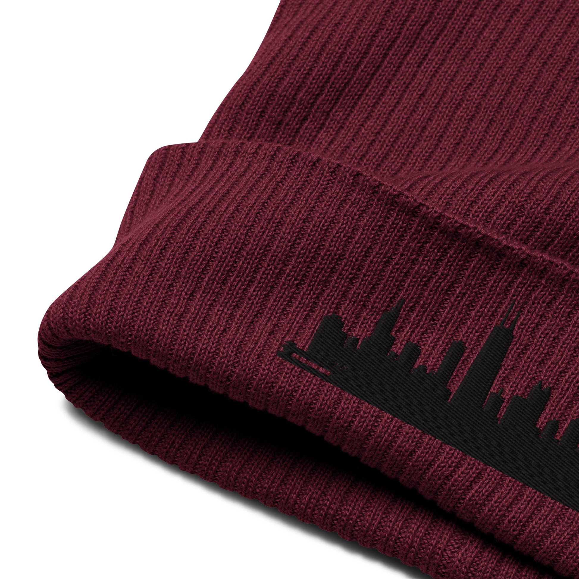 Chicago Edition Organic Ribbed Beanie in burgundy with premium black embroidery | Our City | An Athlete Trains