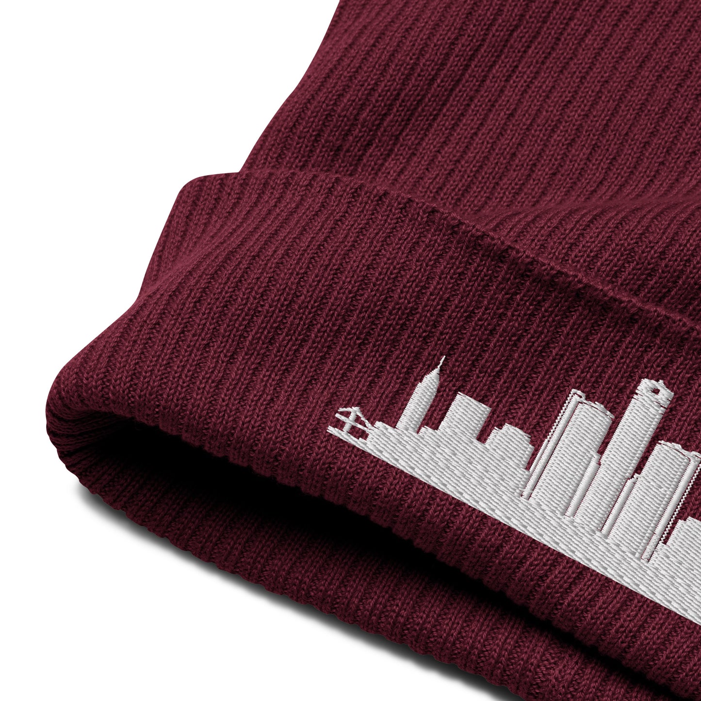 Detroit Edition Organic Ribbed Beanie in burgundy with premium white embroidery | Our City | An Athlete Trains