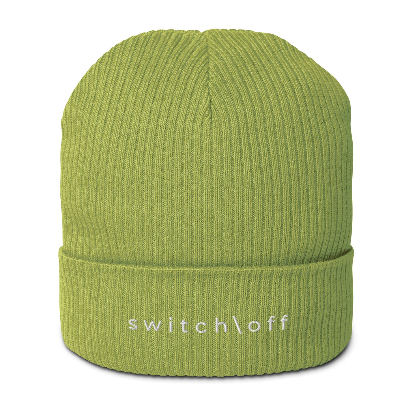 Organic cuffed ribbed beanie in leaf green with white switch\off embroidery - An Athlete Trains recovery gear.