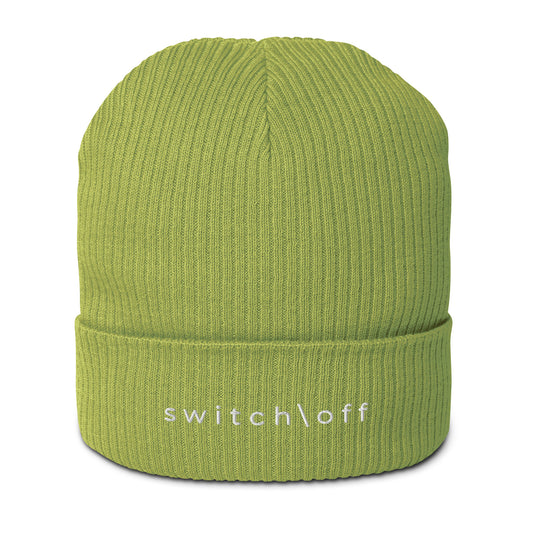 Organic cuffed ribbed beanie in leaf green with white switch\off embroidery - An Athlete Trains recovery gear.