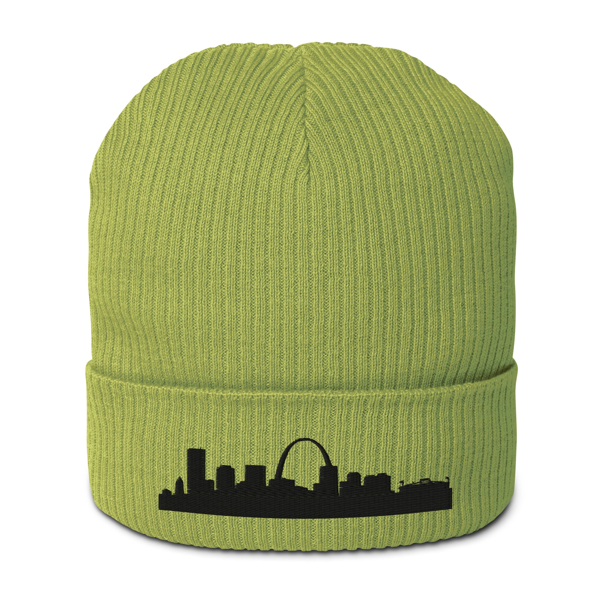 St. Louis Edition Organic Ribbed Beanie in leaf green with premium black embroidery | Our City | An Athlete Trains