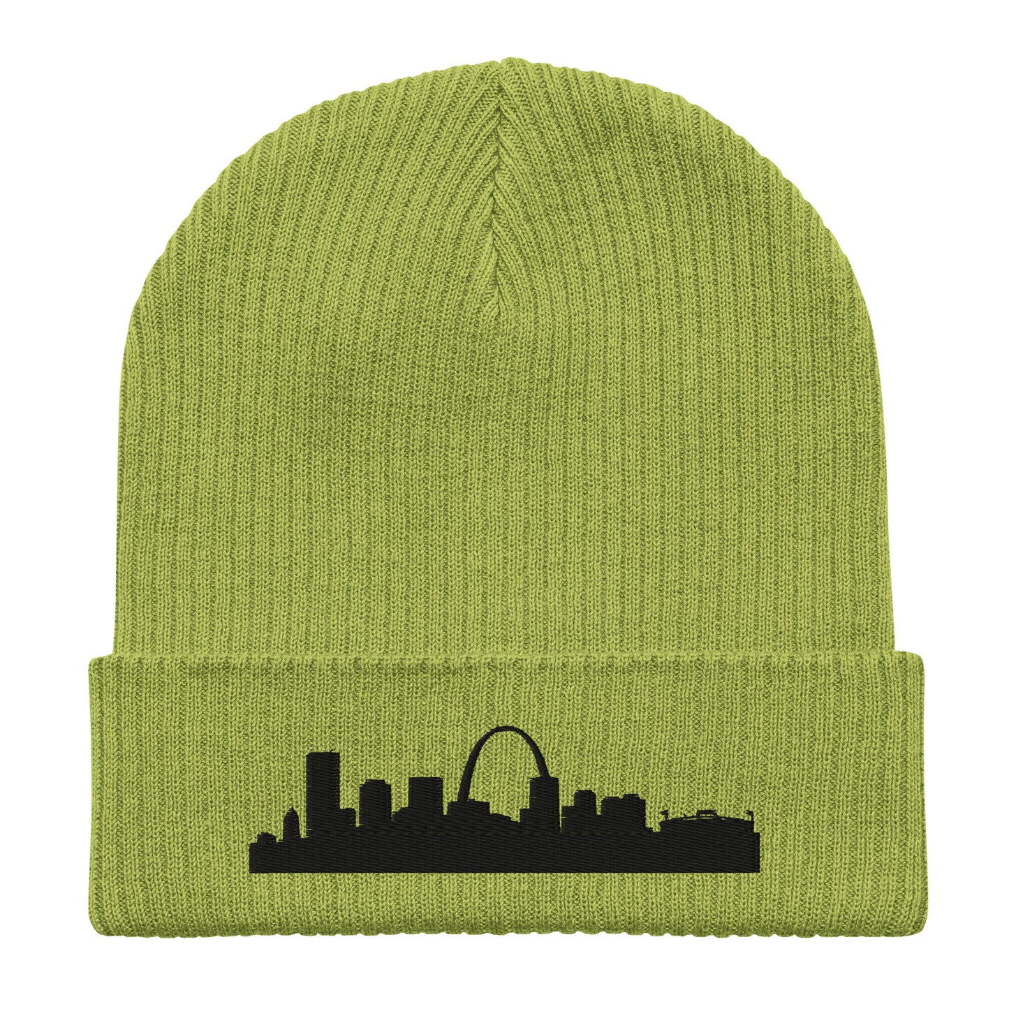 St. Louis Edition Organic Ribbed Beanie in leaf green with premium black embroidery | Our City | An Athlete Trains