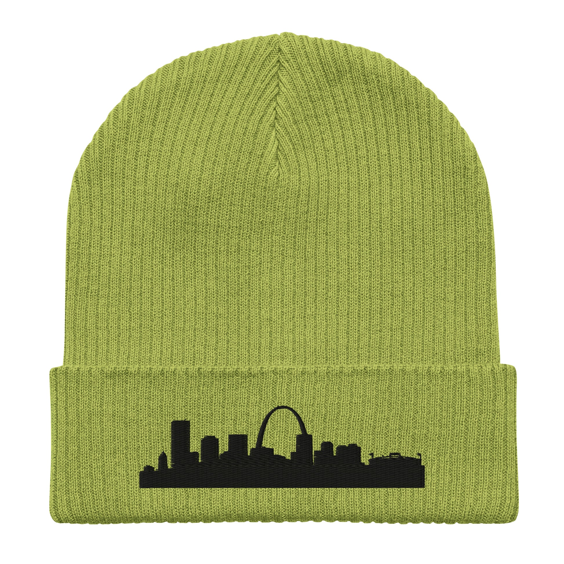 St. Louis Edition Organic Ribbed Beanie in leaf green with premium black embroidery | Our City | An Athlete Trains