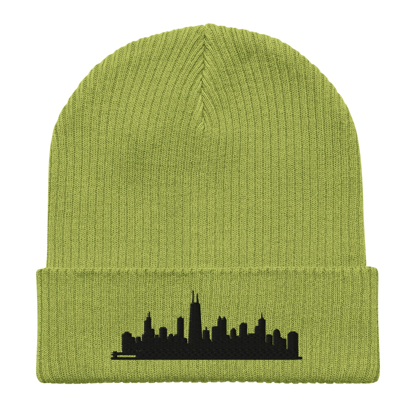 Chicago Edition Organic Ribbed Beanie in leaf green with premium black embroidery | Our City | An Athlete Trains
