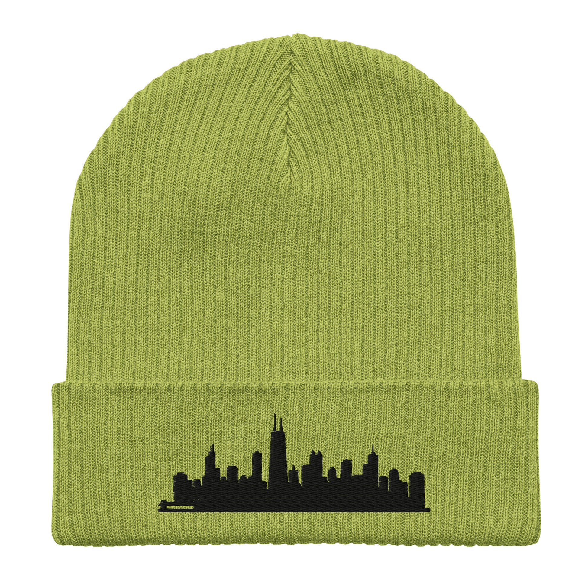 Chicago Edition Organic Ribbed Beanie in leaf green with premium black embroidery | Our City | An Athlete Trains