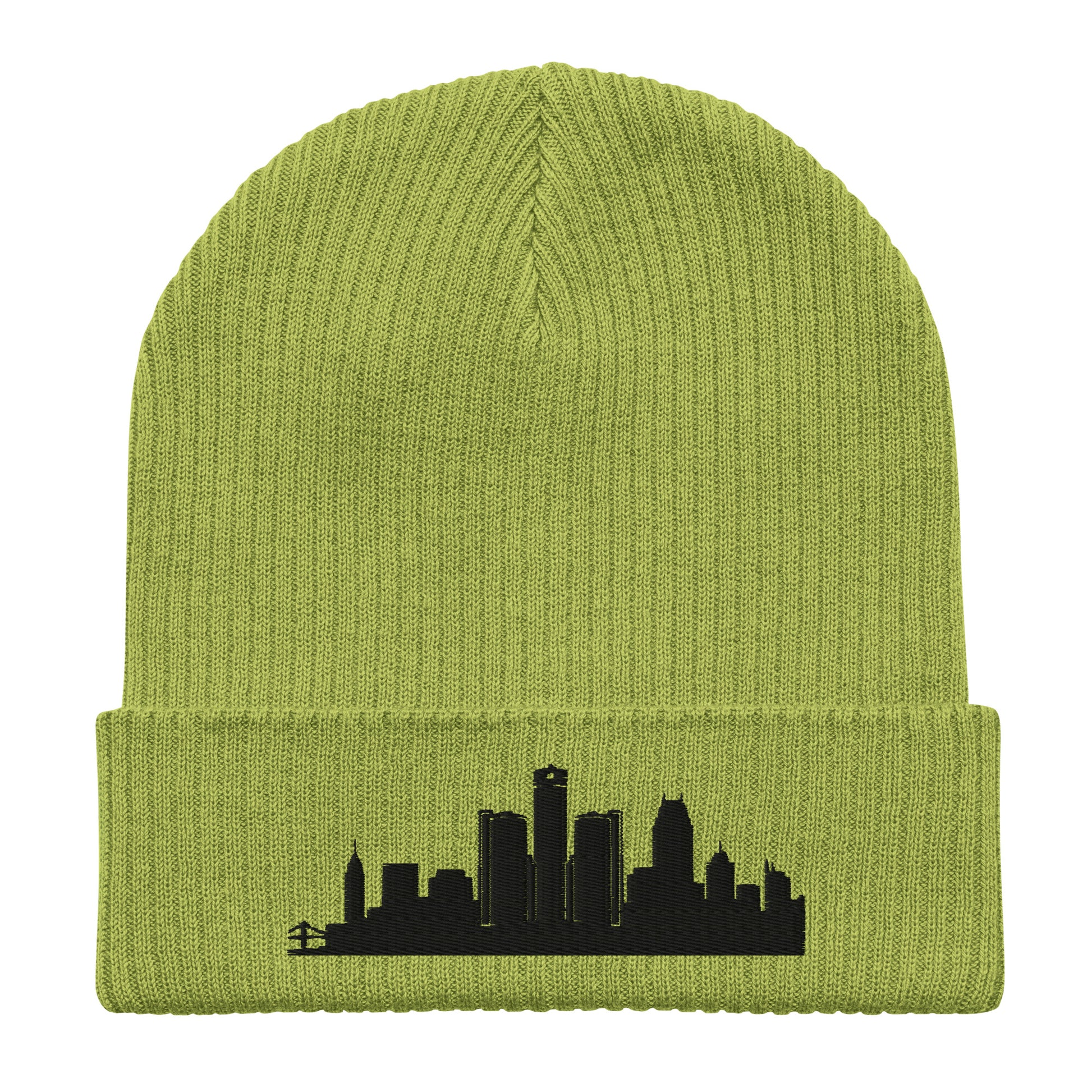 Detroit Edition Organic Ribbed Beanie in leaf green with premium black embroidery | Our City | An Athlete Trains