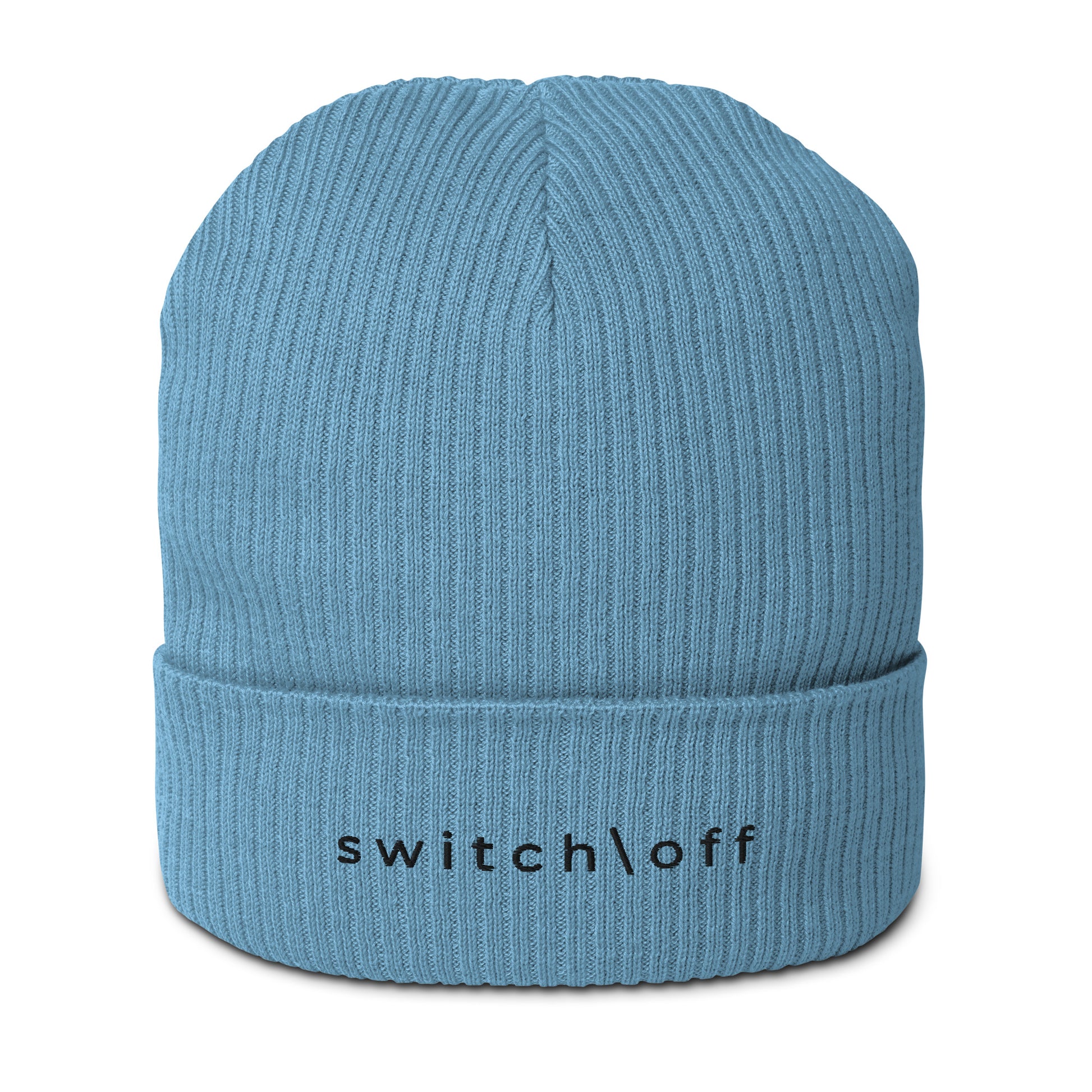 Organic cuffed ribbed beanie in blue with black switch\off embroidery - An Athlete Trains recovery gear.