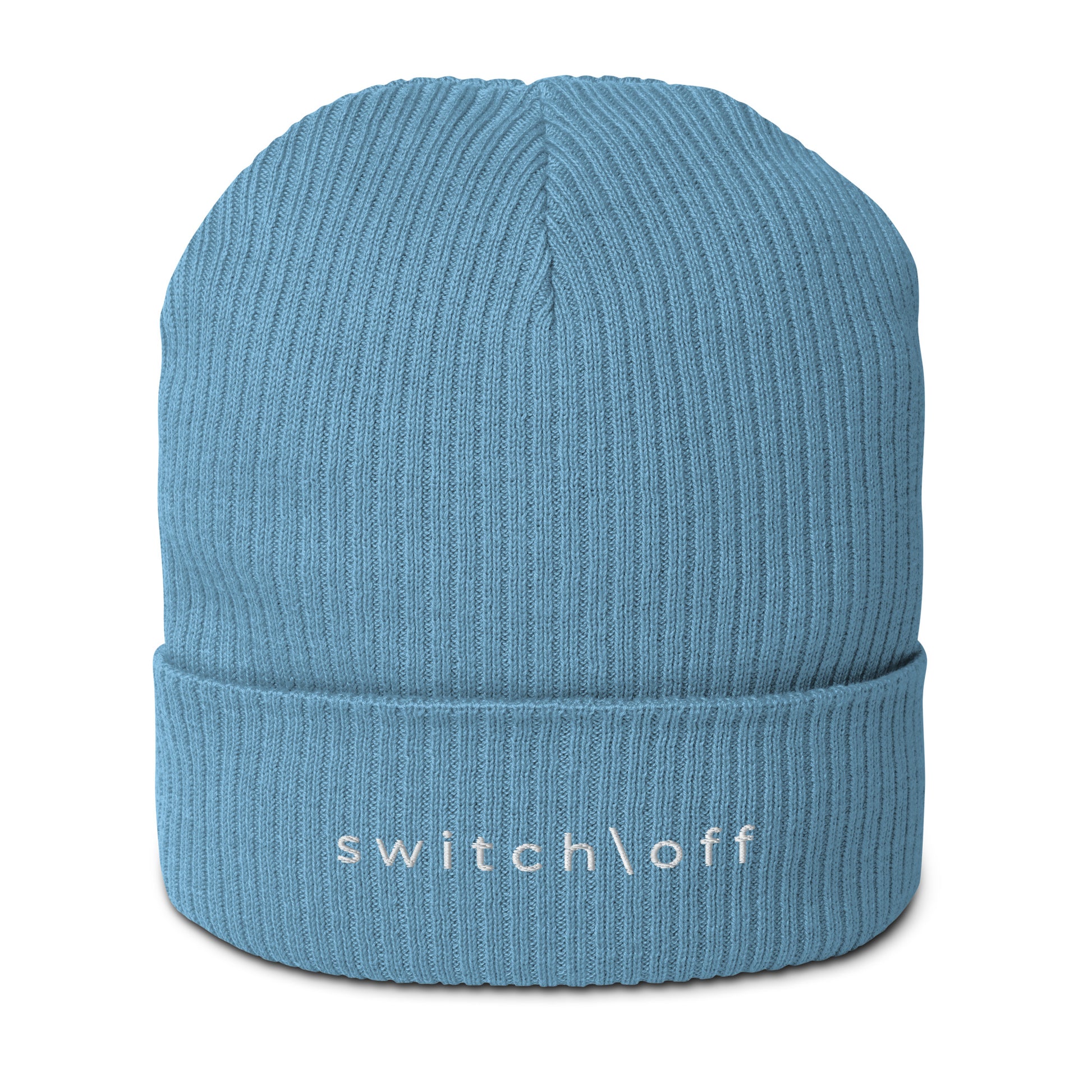 Organic cuffed ribbed beanie in blue with white switch\off embroidery - An Athlete Trains recovery gear.