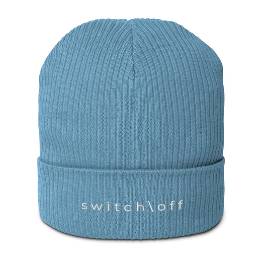 Organic cuffed ribbed beanie in blue with white switch\off embroidery - An Athlete Trains recovery gear.