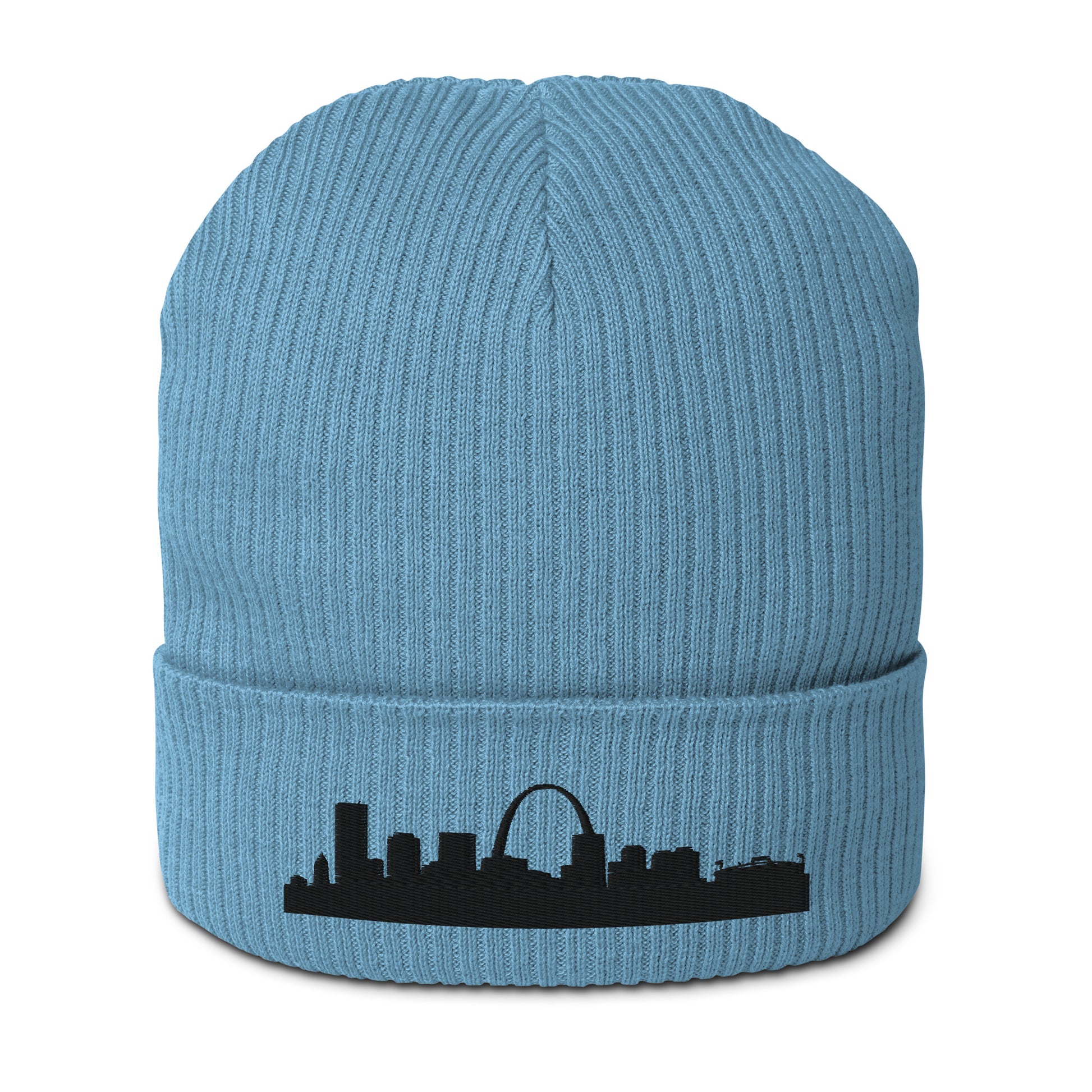 St. Louis Edition Organic Ribbed Beanie in blue with premium black embroidery | Our City | An Athlete Trains