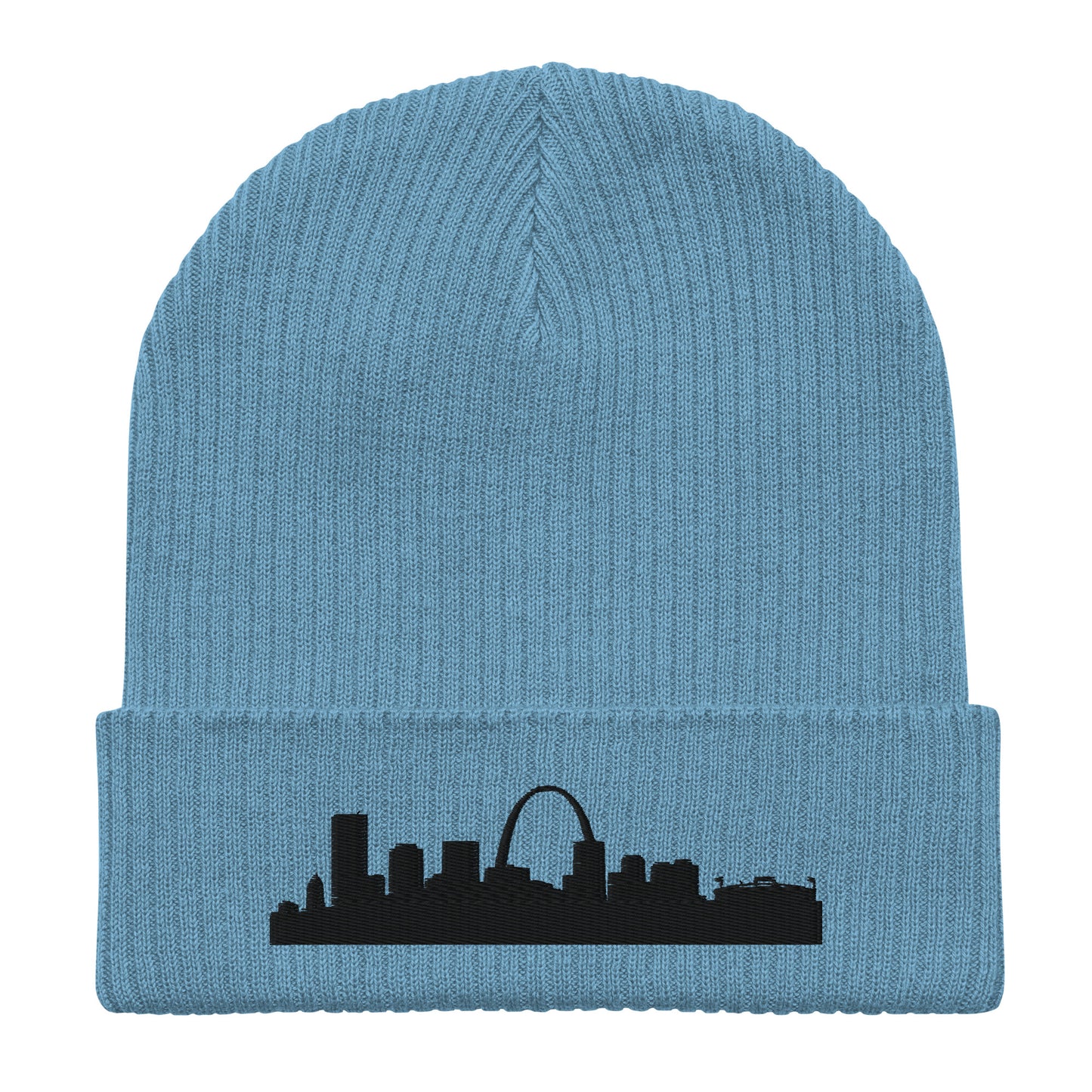St. Louis Edition Organic Ribbed Beanie in blue with premium black embroidery | Our City | An Athlete Trains