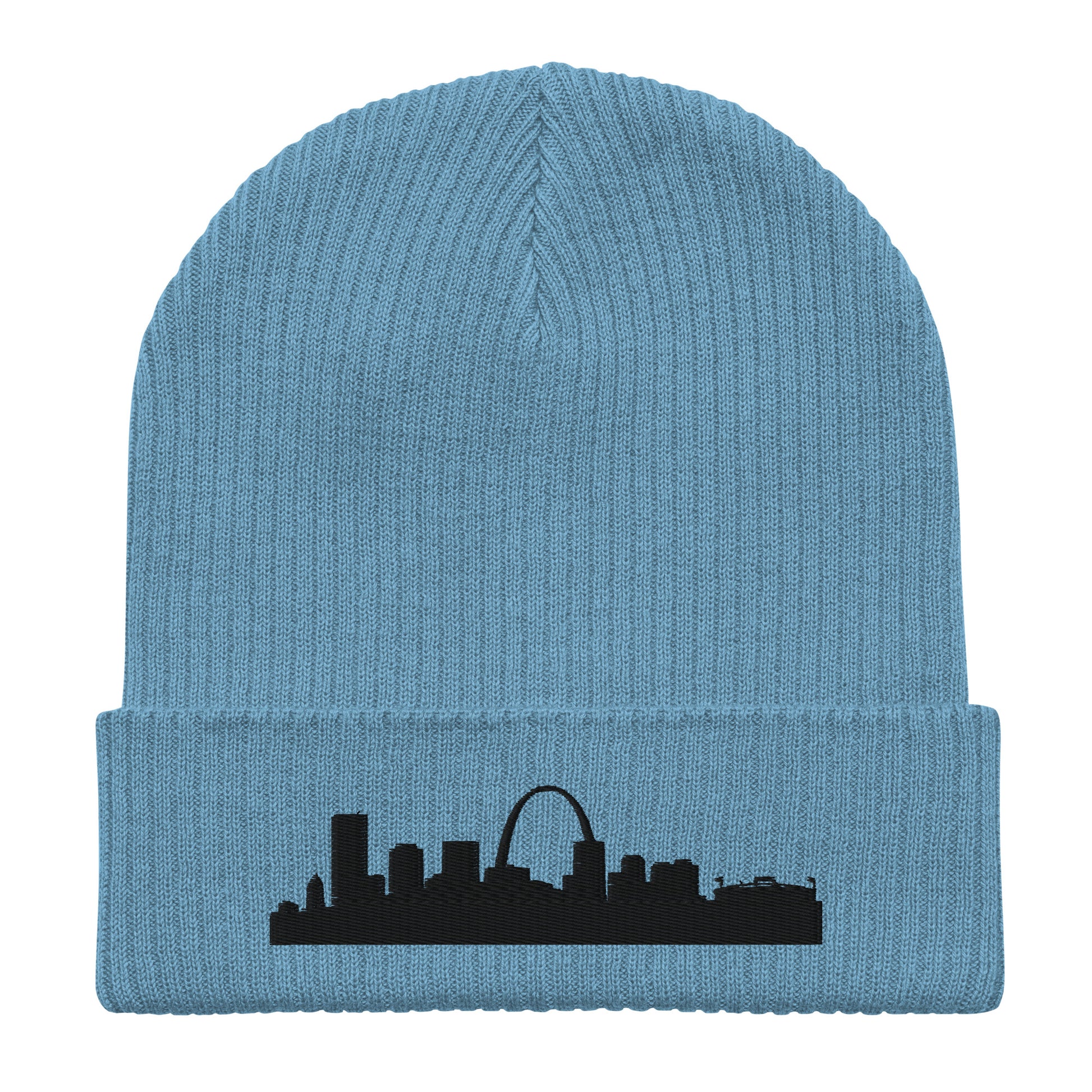 St. Louis Edition Organic Ribbed Beanie in blue with premium black embroidery | Our City | An Athlete Trains