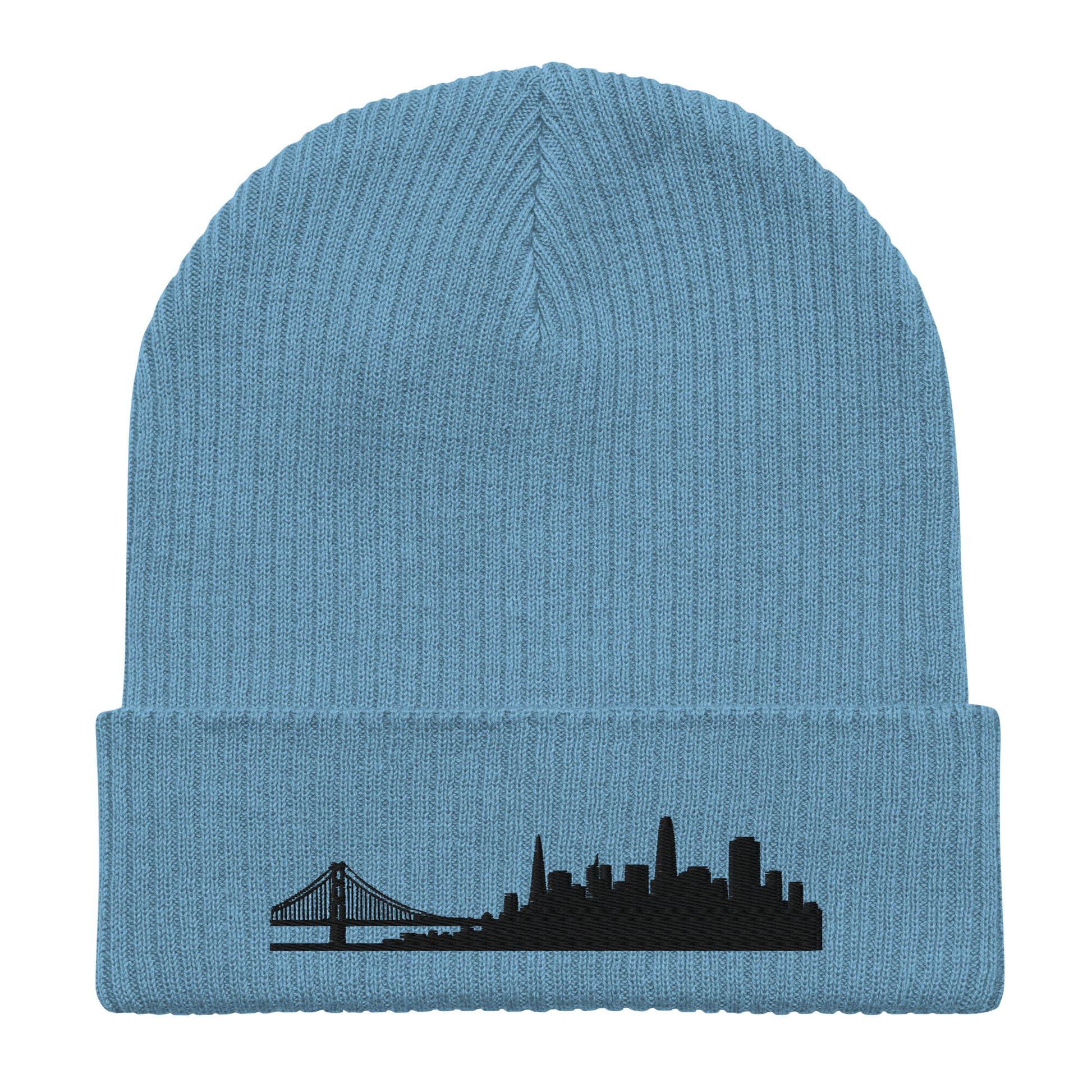 San Francisco Edition Organic Ribbed Beanie in blue with premium black embroidery | Our City | An Athlete Trains