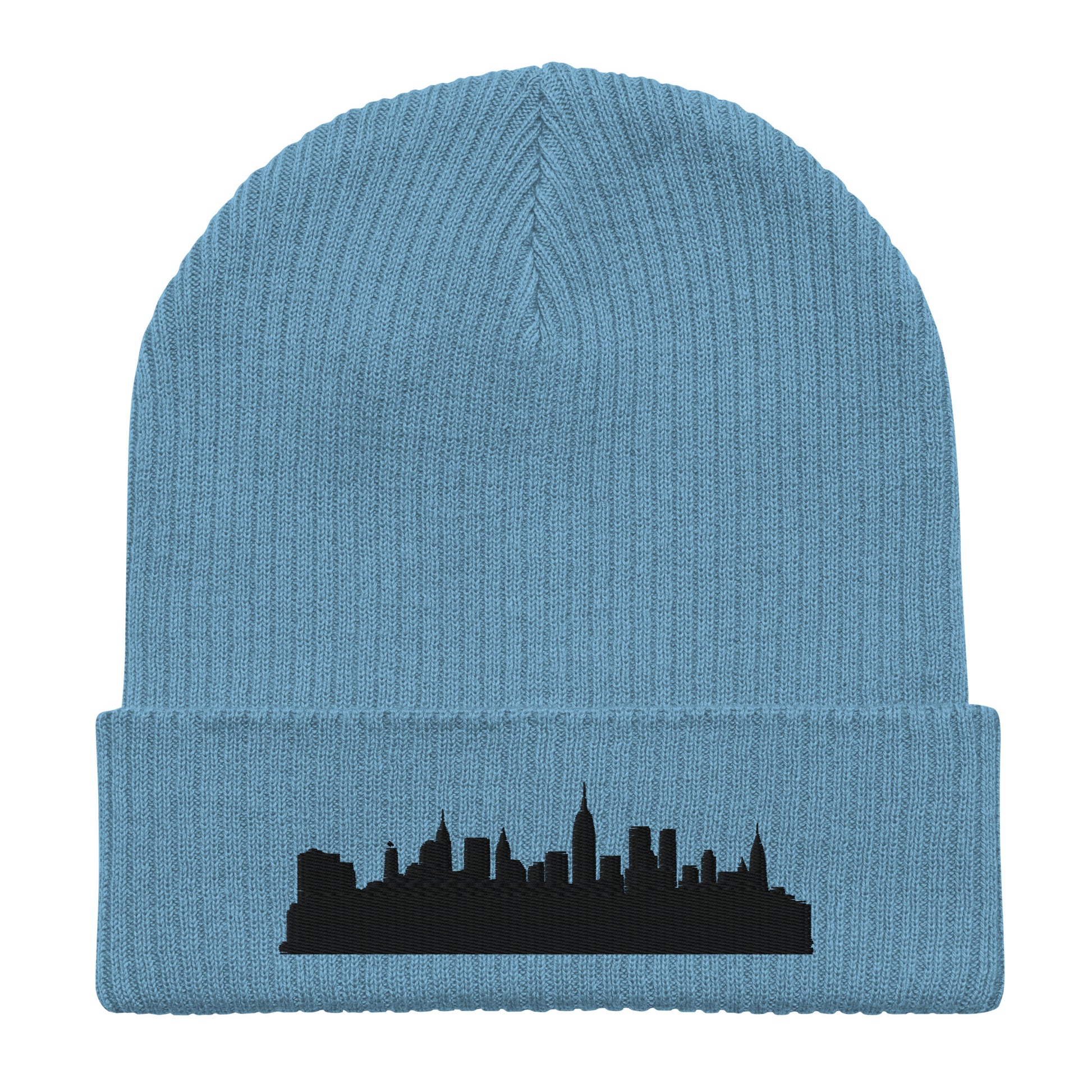 New York Edition Organic Ribbed Beanie in blue with premium black embroidery | Our City | An Athlete Trains