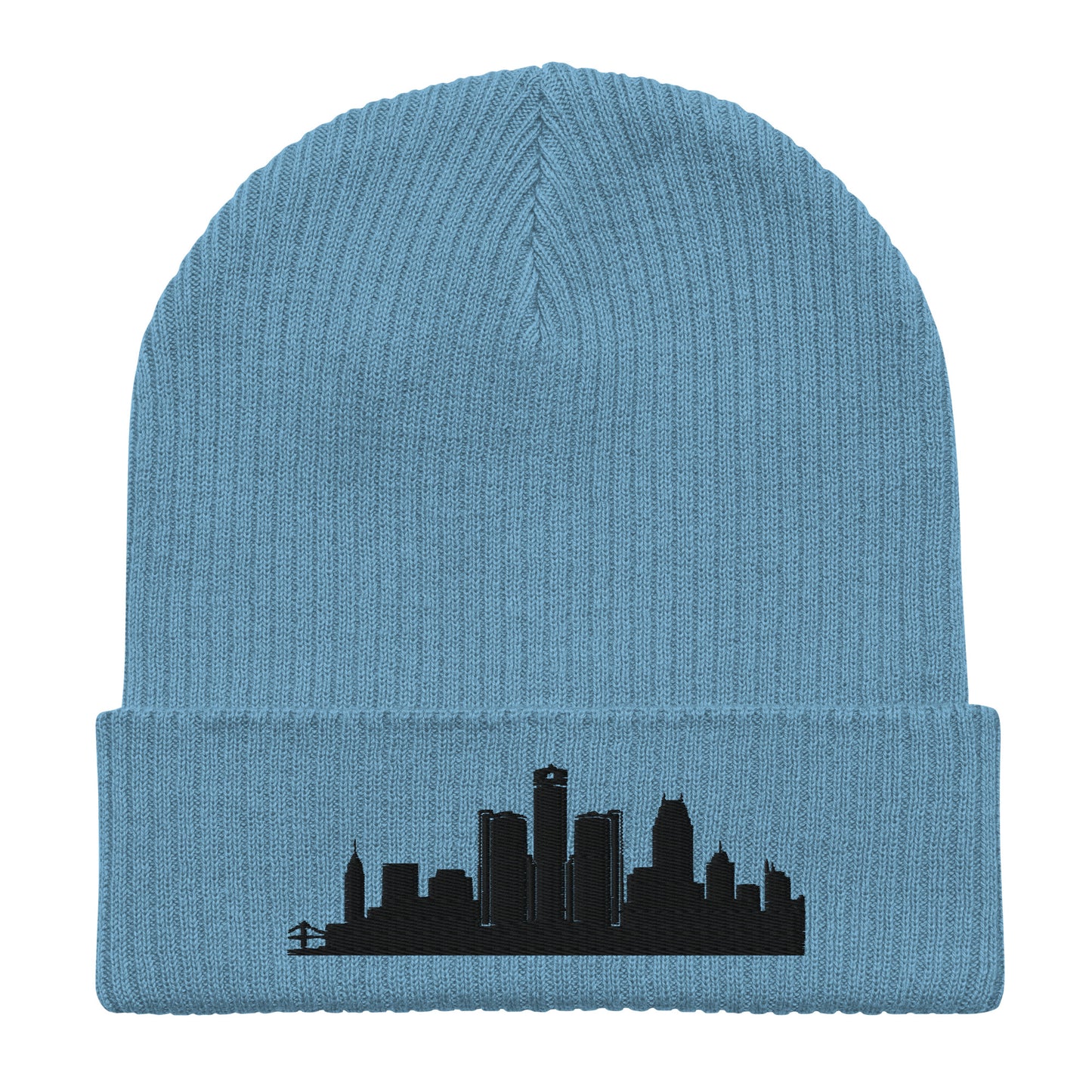 Detroit Edition Organic Ribbed Beanie in blue with premium black embroidery | Our City | An Athlete Trains